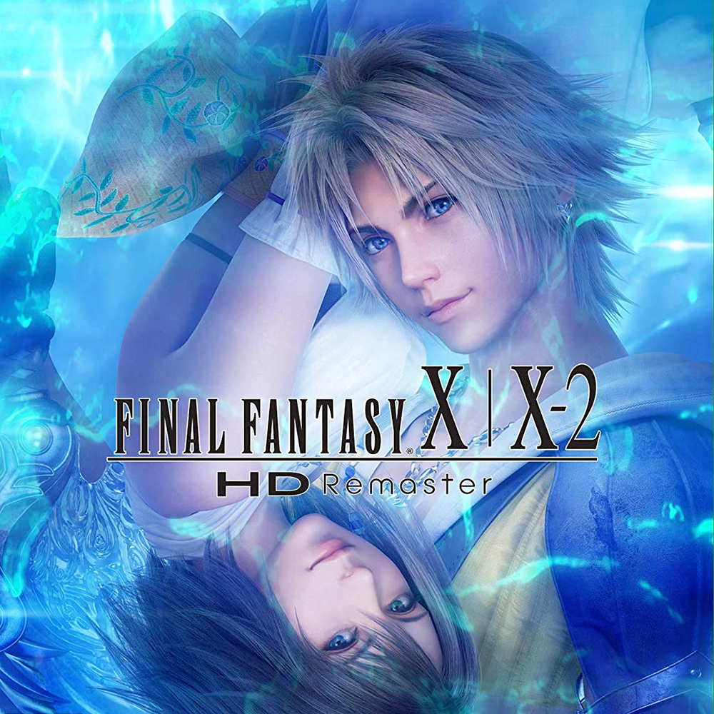 Okładka gry Final Fantasy X | X-2 HD Remaster, z dwiema postaciami w niebiesko-białej kolorystyce.