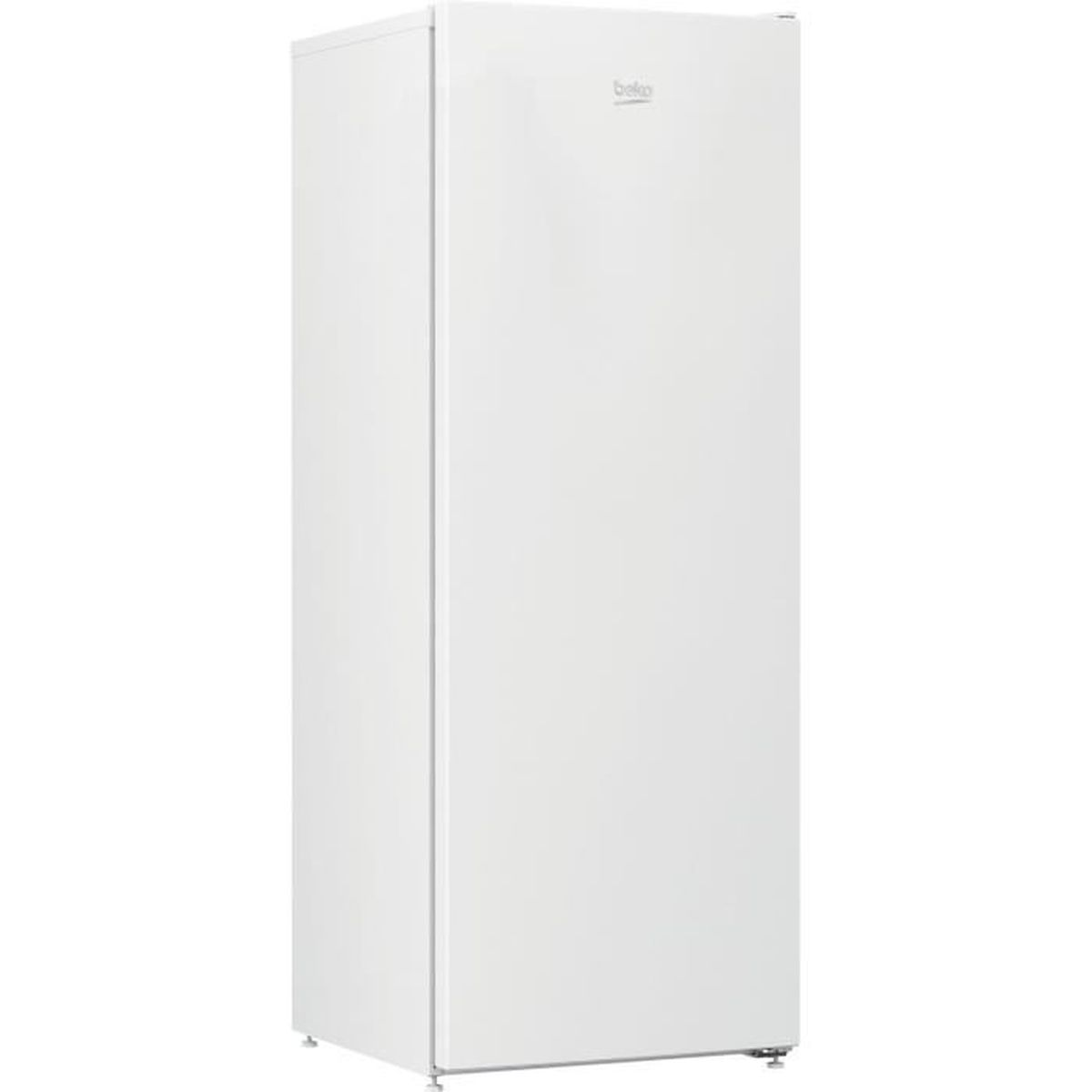 Un congelatore Beko bianco, verticale, con un design semplice, su sfondo semplice.