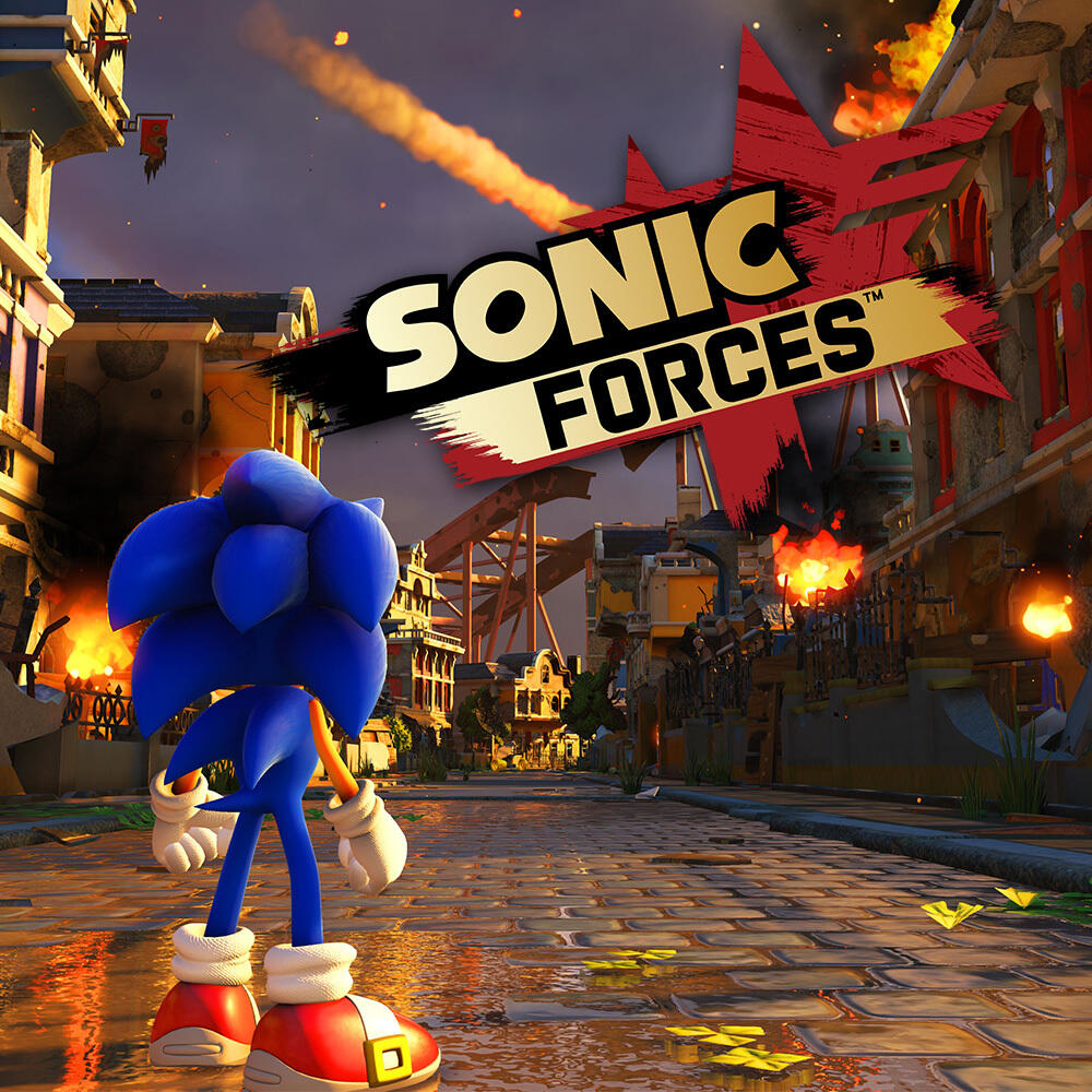 Scena z gry Sonic Forces. Sonic odwraca się tyłem w zniszczonym mieście z pożarami. Logo jest na górze.