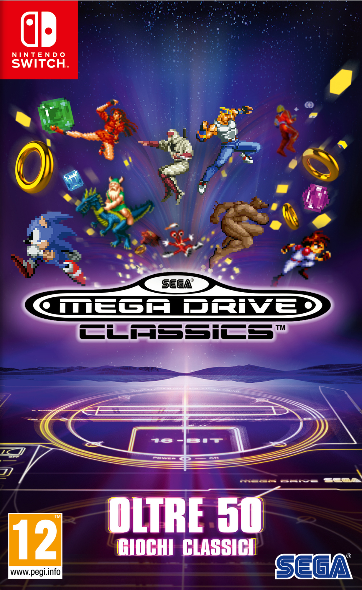 Okładka gry Mega Drive Classics. Wyświetlane są różne klasyczne postacie z gier.
