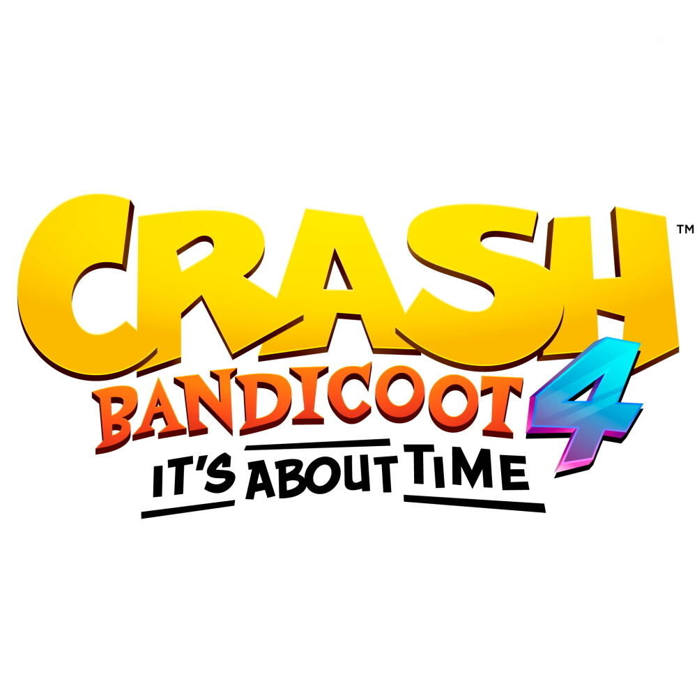 Logo gry Crash Bandicoot 4. Tytuł gry jest w kolorze pomarańczowym, niebieskim i czarnym.
