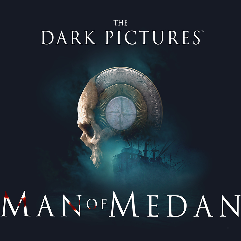 Copertina del gioco The Dark Pictures: Man of Medan con un teschio, una bussola e una nave in un mare scuro.