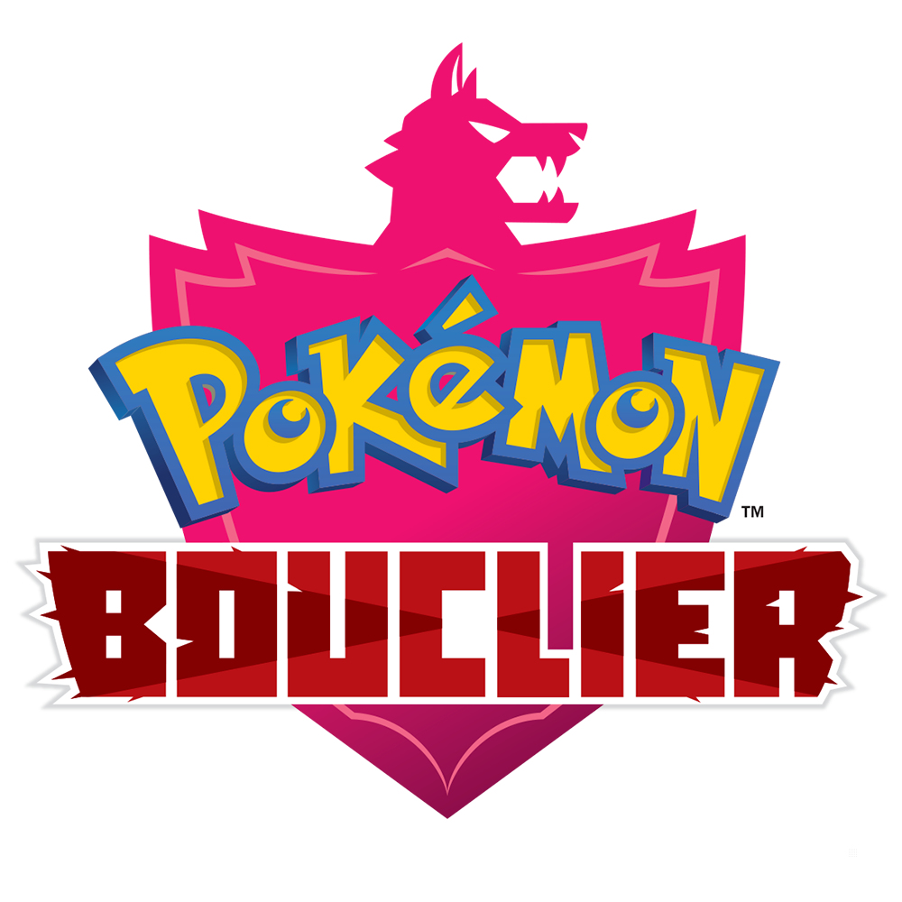 Logo gry Pokémon w kolorze różowym i niebieskim ze słowem 'BOUCLIER' na czerwonym banerze i głową wilka.