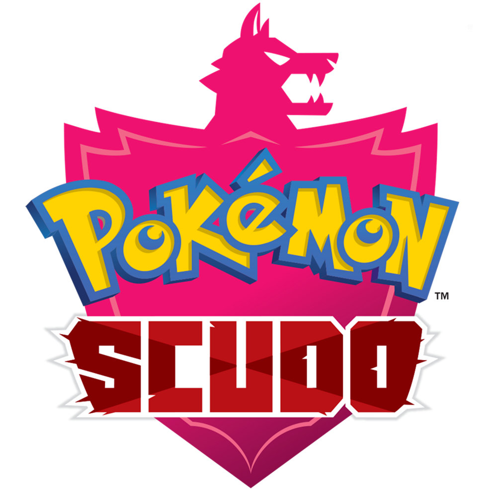 Logo gry Pokémon w kolorze różowym i niebieskim ze słowem 'SCUDO' na czerwonym banerze i głową wilka.
