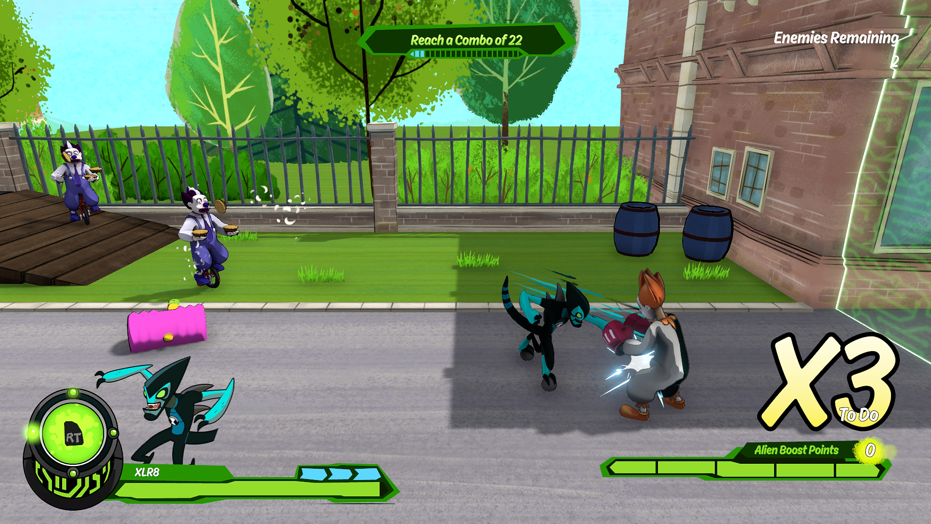 Scena z kreskówki z gry. Postacie walczą z licznikiem combo i elementami interfejsu.