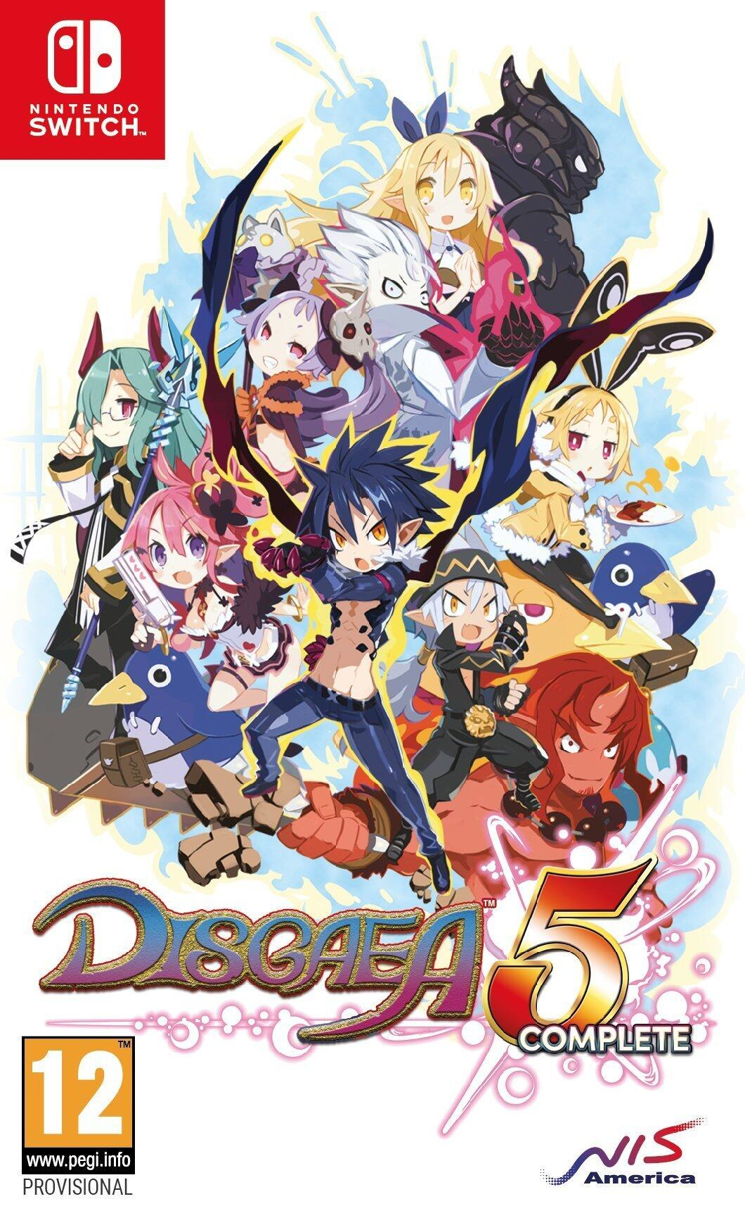 Okładka gry Disgaea 5 Complete, z wieloma postaciami w stylu anime i logo Switch.