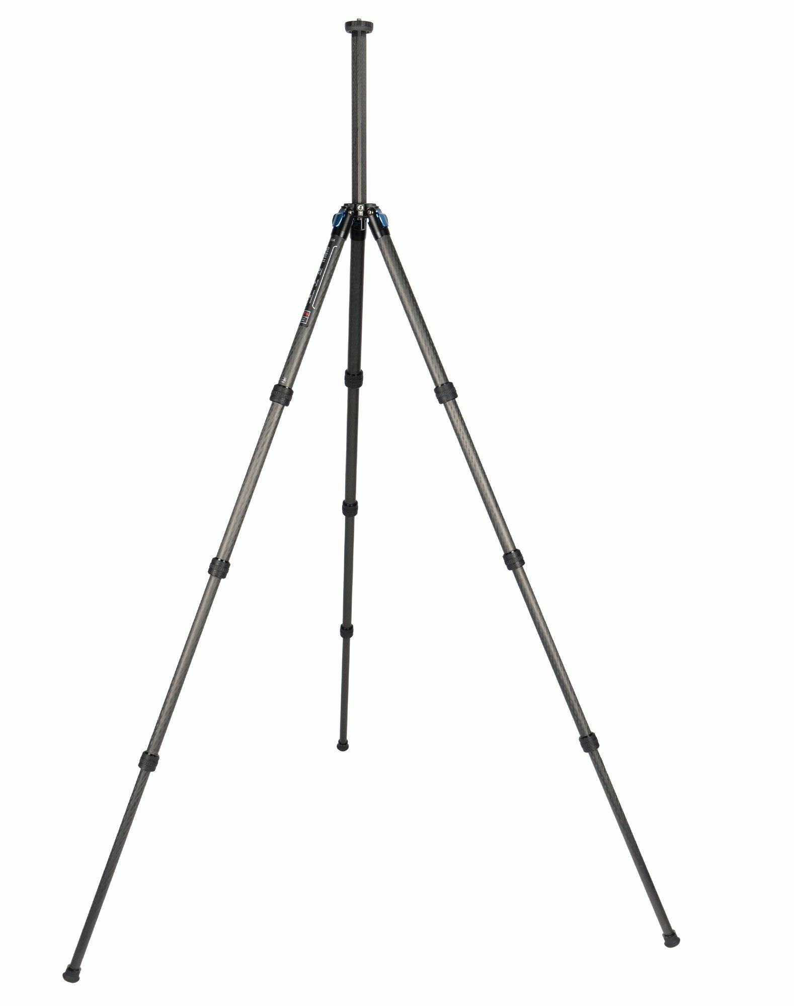 A tripod on white background. Three legs are spread, and the central column extended.