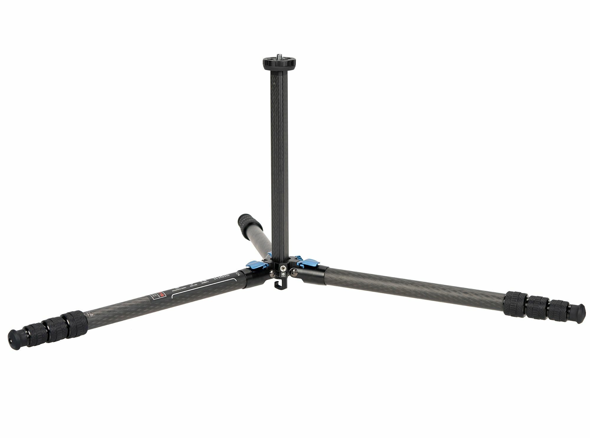 Tripod with three legs extended. Carbon fiber legs and black and blue accents.
