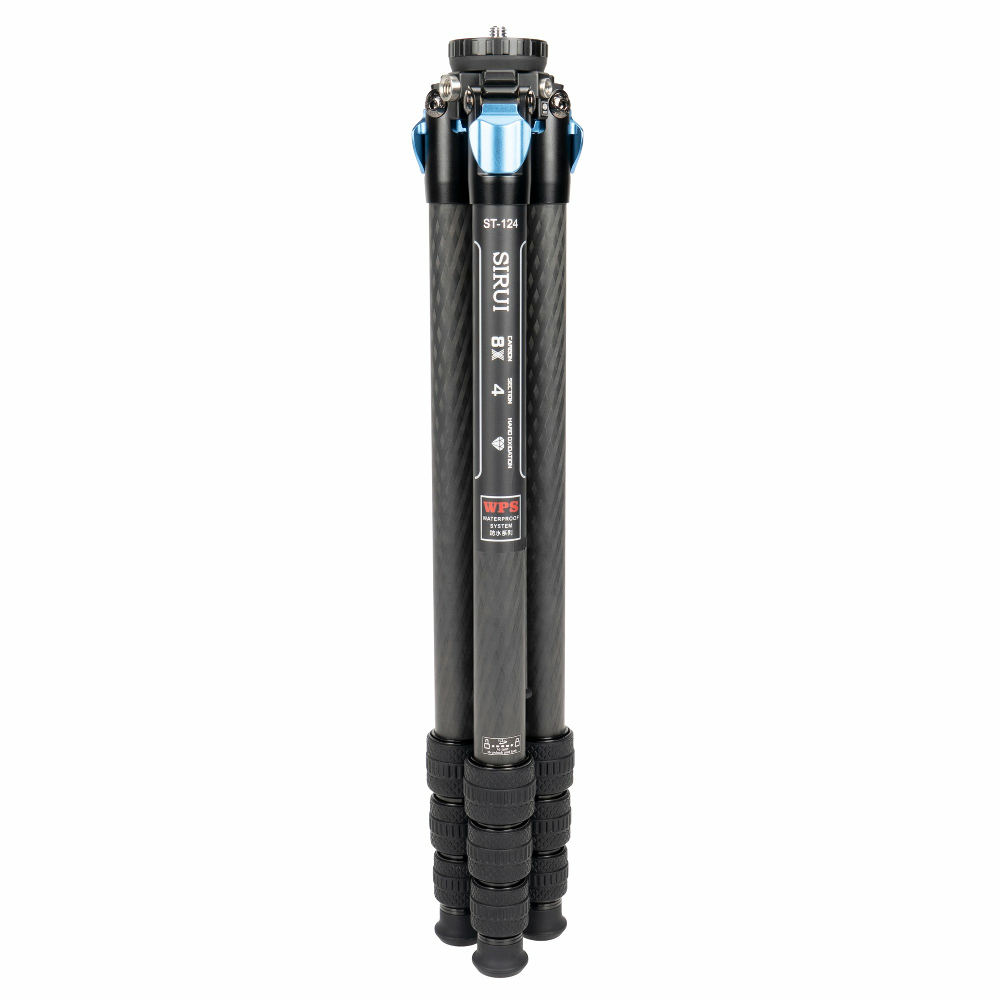 A black tripod with blue accents, standing upright, on a white background.