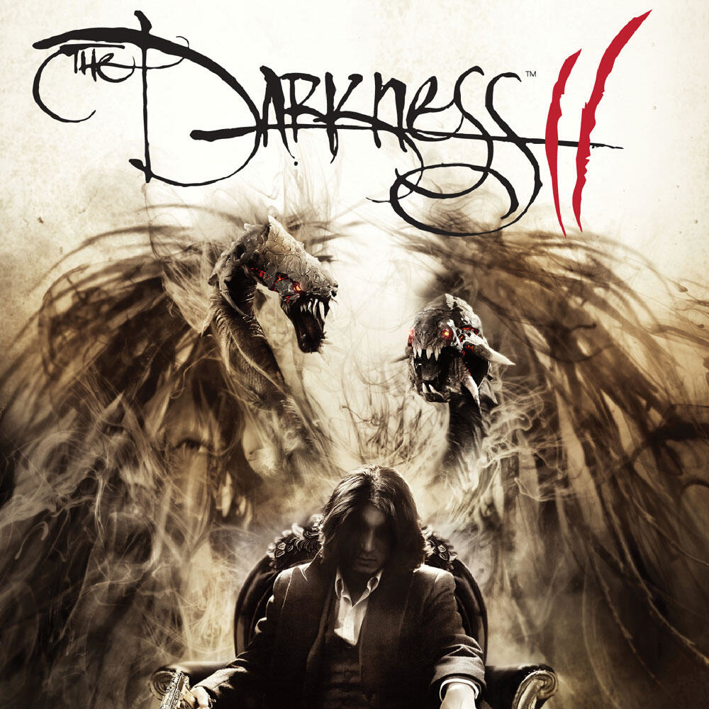 Copertina del gioco The Darkness II. Un uomo con demoni, schema colori scuro.