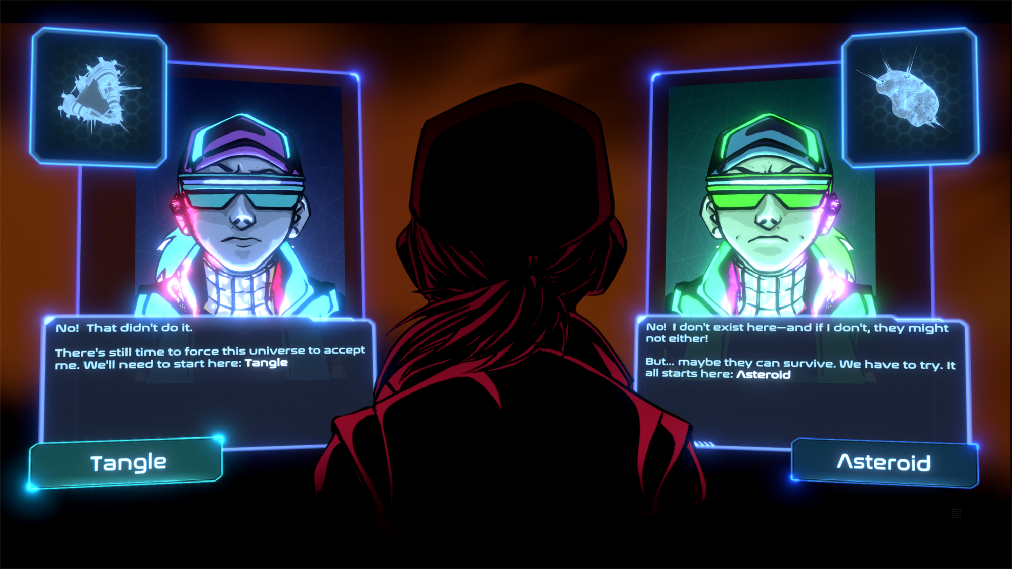 Dwie osoby w futurystycznych ubraniach stoją naprzeciwko siebie, omawiając opcje z polami tekstowymi w ciemnym otoczeniu.