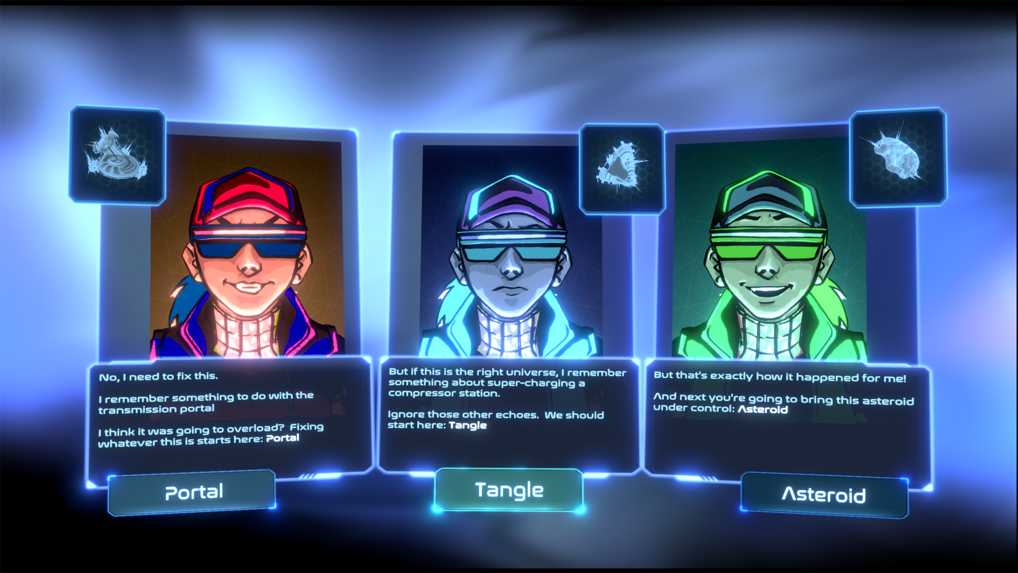 Trzy postacie z kreskówek z dymkami dialogowymi w futurystycznym interfejsie.
