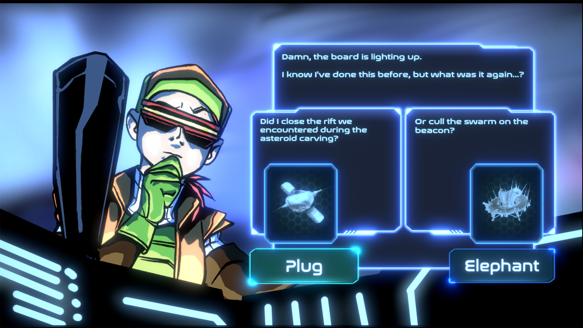 Postać z kreskówki rozważająca wybory z opcjami dialogowymi na ekranie.