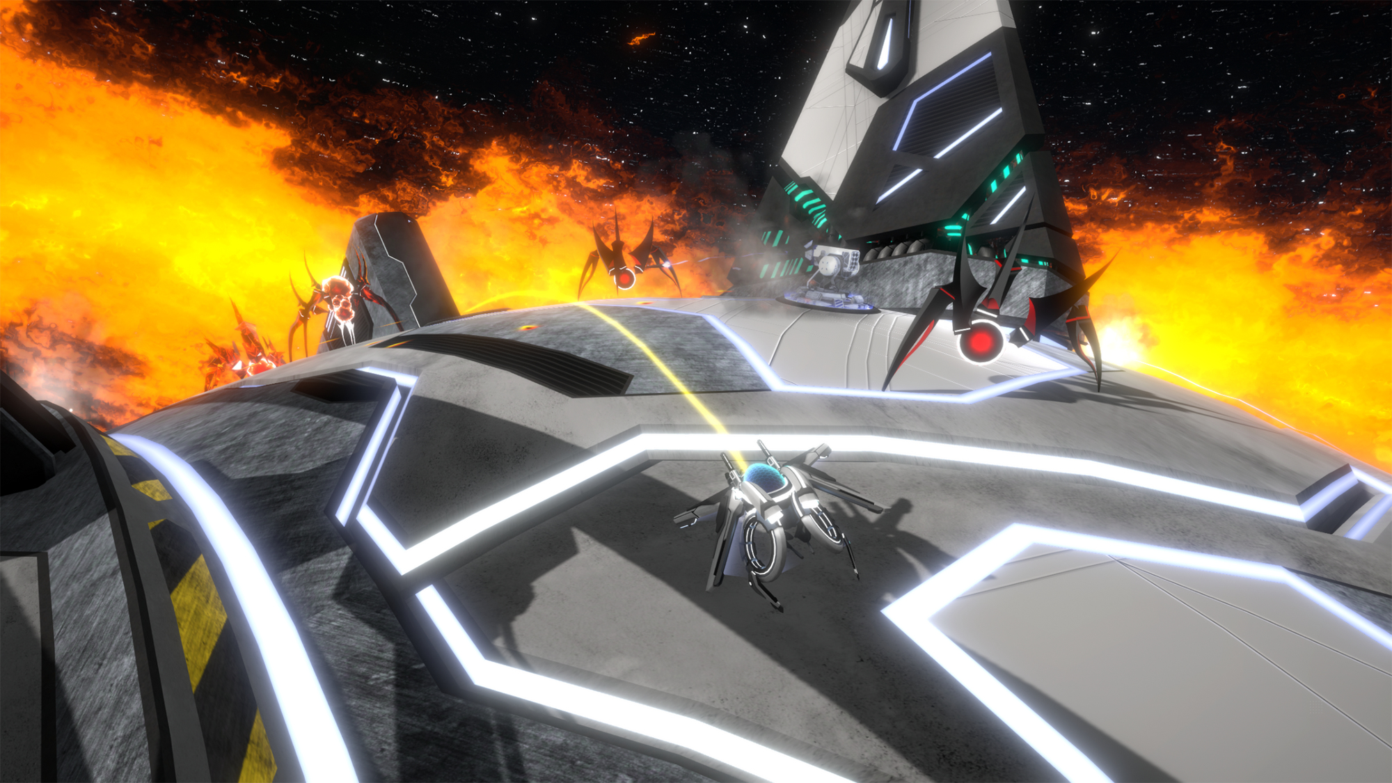 Statki kosmiczne walczą w kosmosie z ognistym niebem i dużą metalową strukturą w tle.