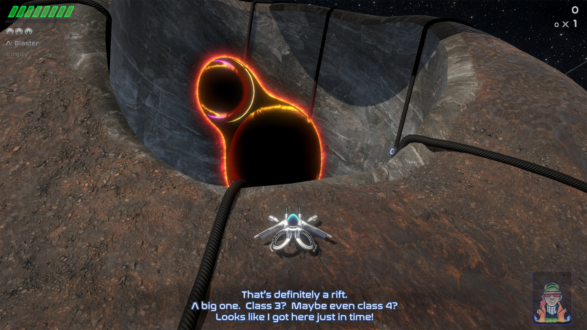 Statek kosmiczny leci w kierunku świecącego portalu w kraterze, z futurystycznym interfejsem u góry.