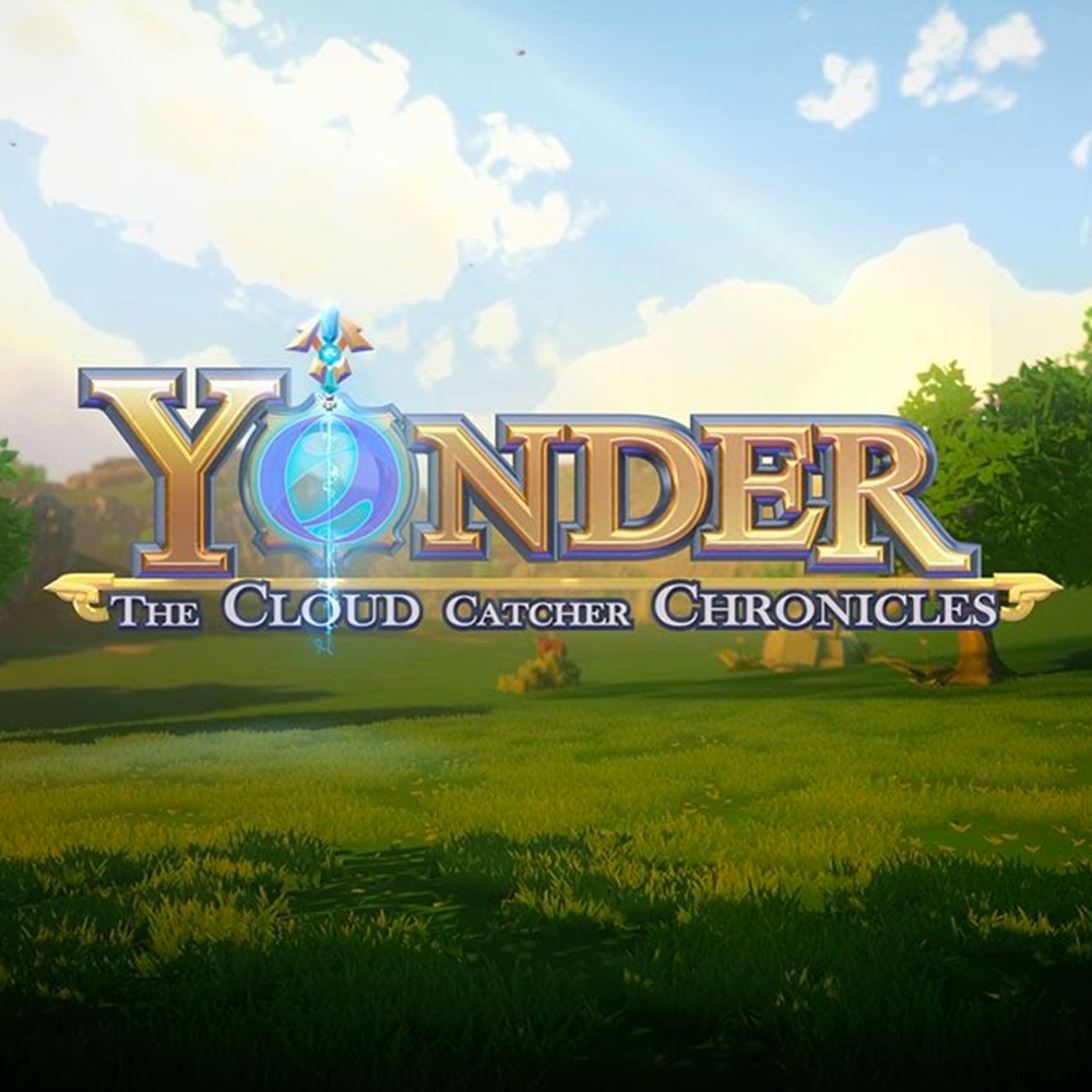 Logo di Yonder: The Cloud Catcher Chronicles su un campo verde con cielo blu.