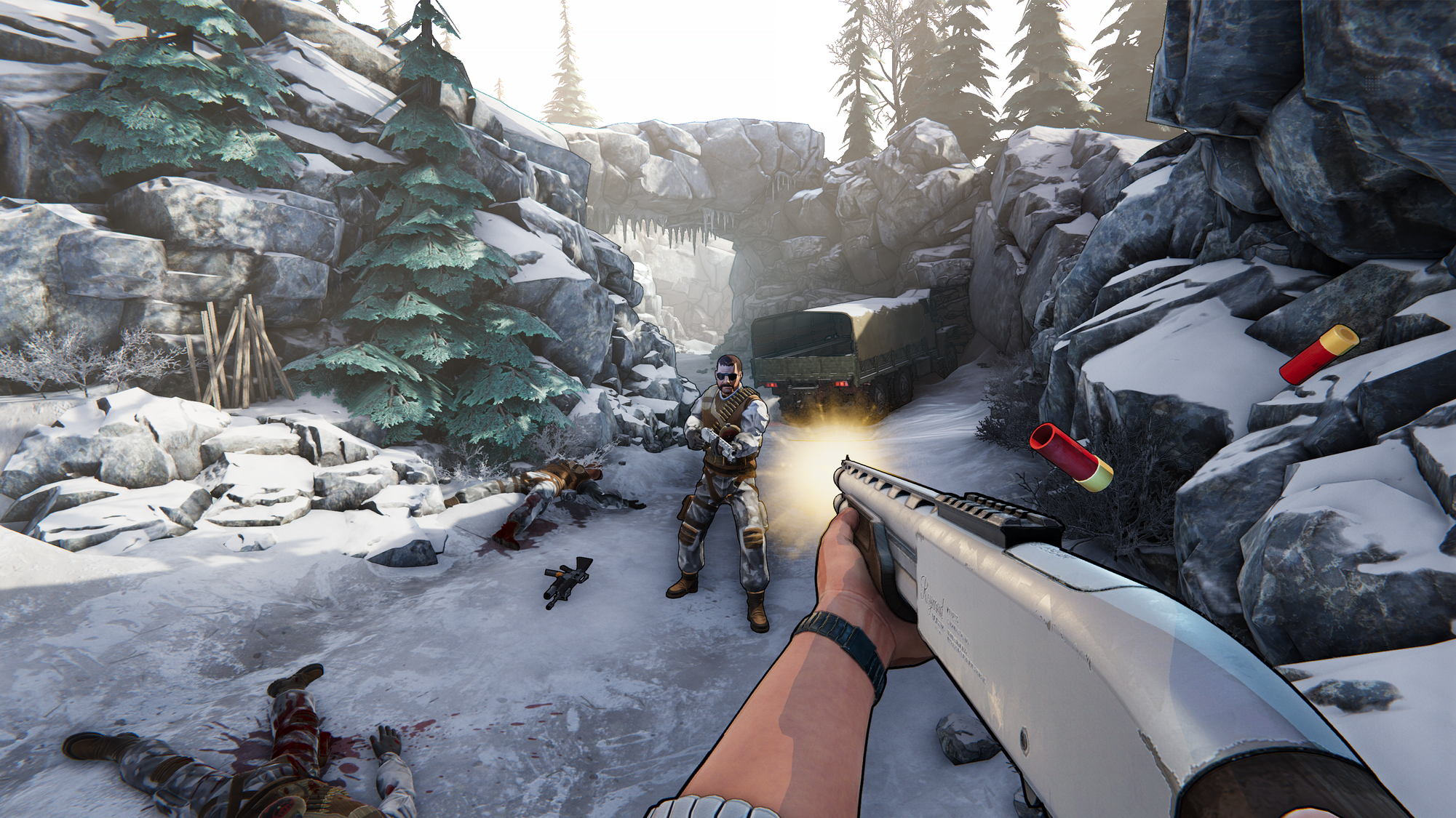 Scena strzelanki pierwszoosobowej w zaśnieżonym otoczeniu. Gracz strzela, inni w osłonie. Widoczna krew i śnieg.