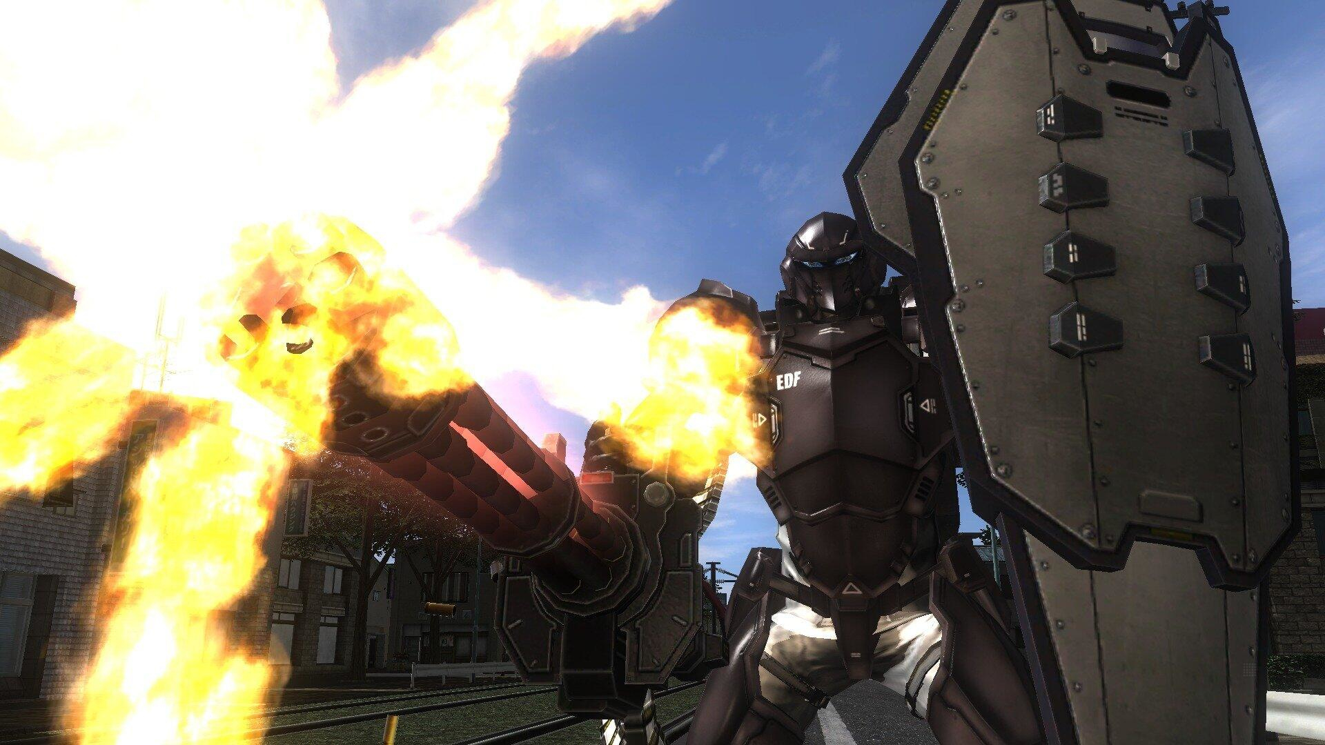 Żołnierz-robot z tarczą, strzelający z broni, która emituje płomienie.