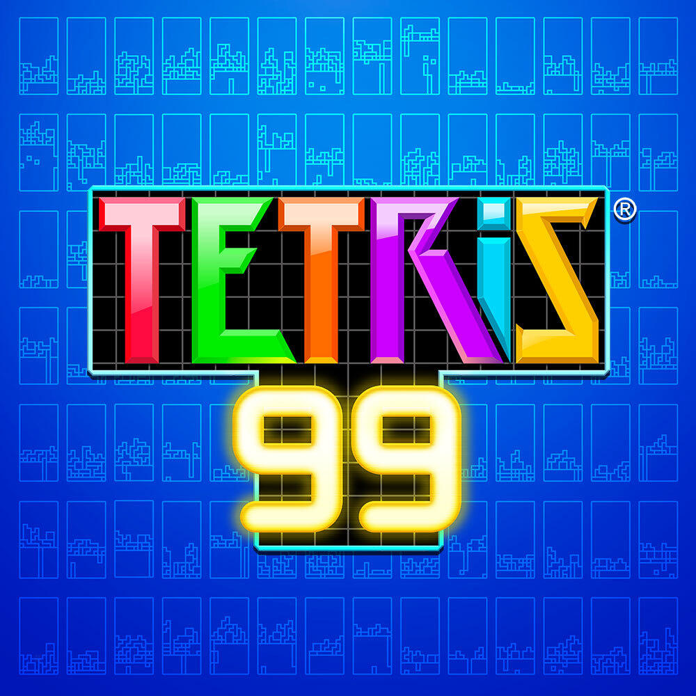 Logo del gioco Tetris 99 su sfondo blu con motivi a blocchi Tetris. Lettere in grassetto e colorate.