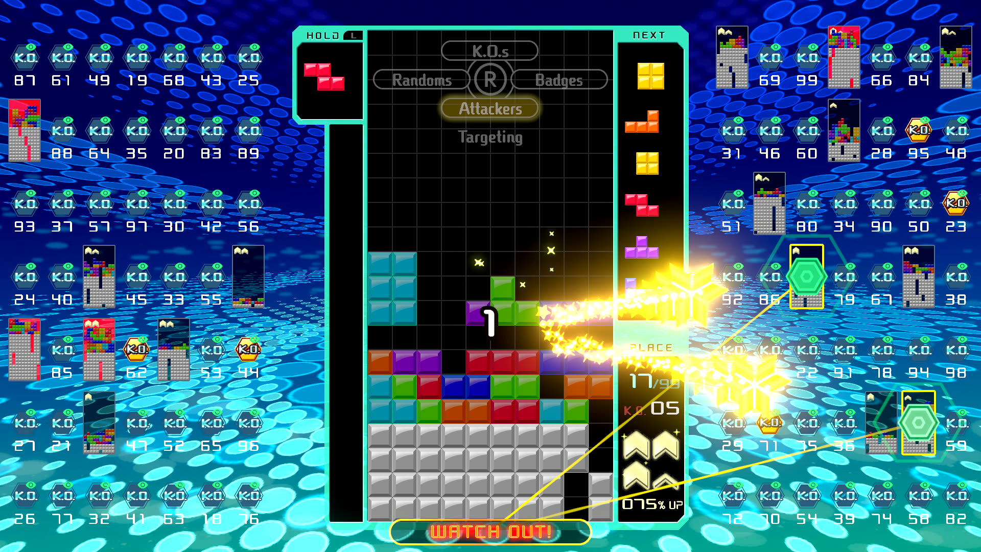 Una schermata di gioco di Tetris, che mostra un campo di gioco con blocchi e un display del punteggio.
