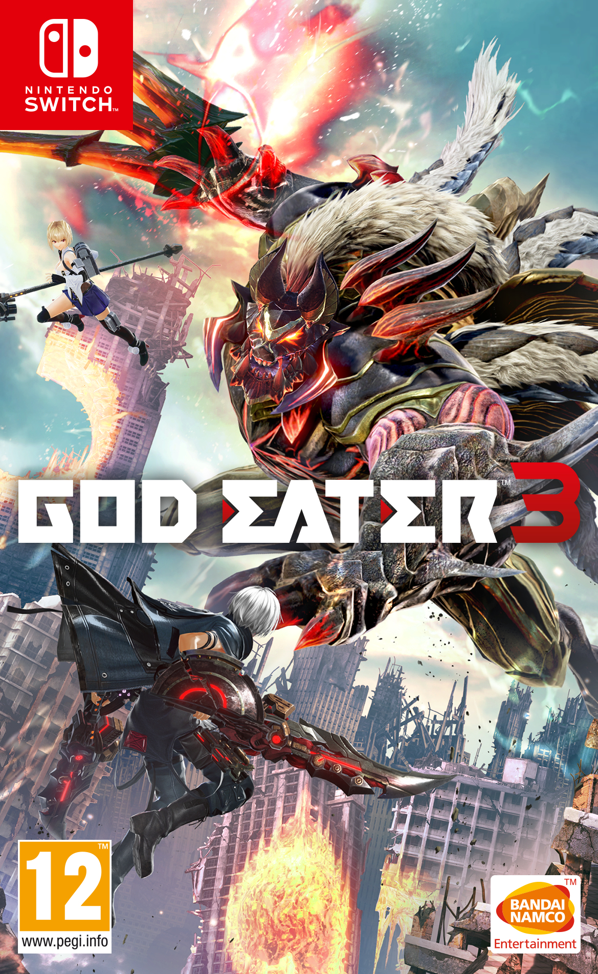 Okładka gry God Eater 3. Duży potwór atakuje miasto. Postacie walczą na pierwszym planie.