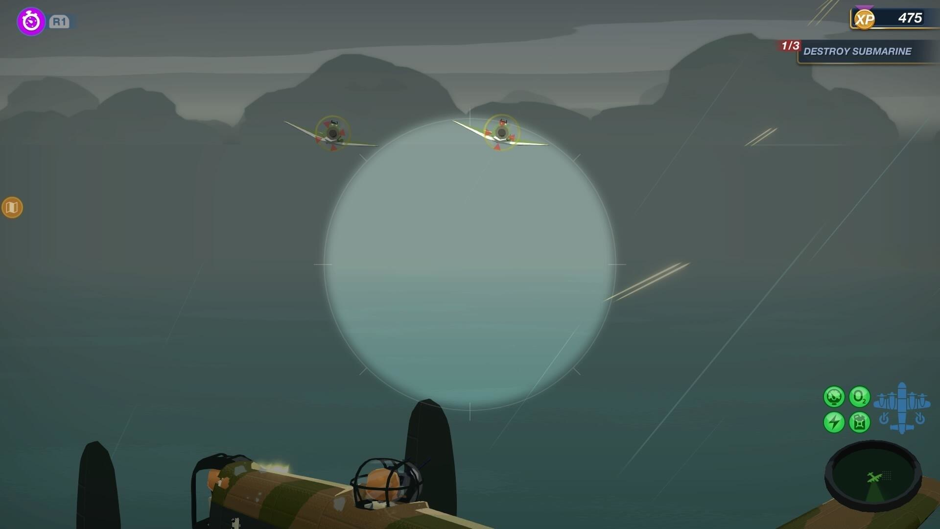 Dwa samoloty myśliwskie lecą w scenie gry, z dużym okręgiem celowania.