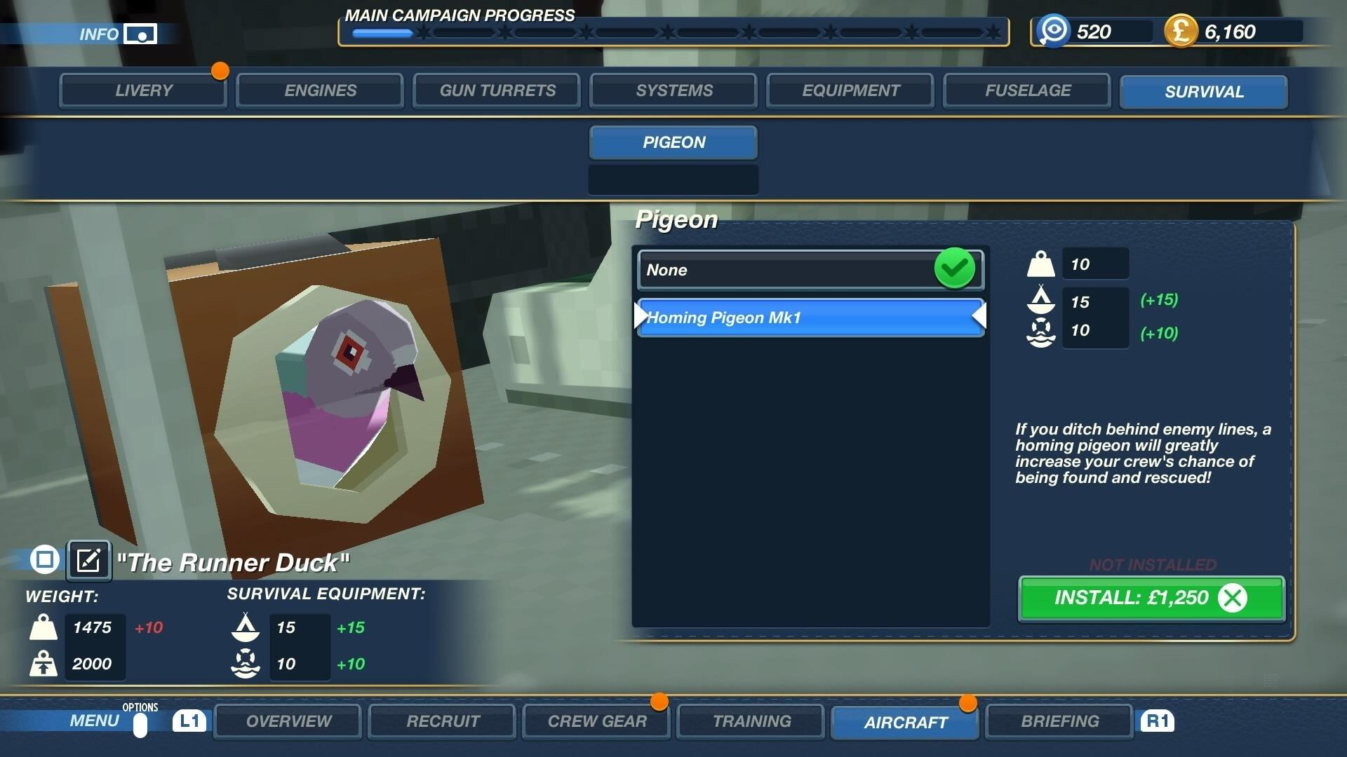 Ekran gry pokazujący gołębia w pudełku. Opcje instalacji za 1250.