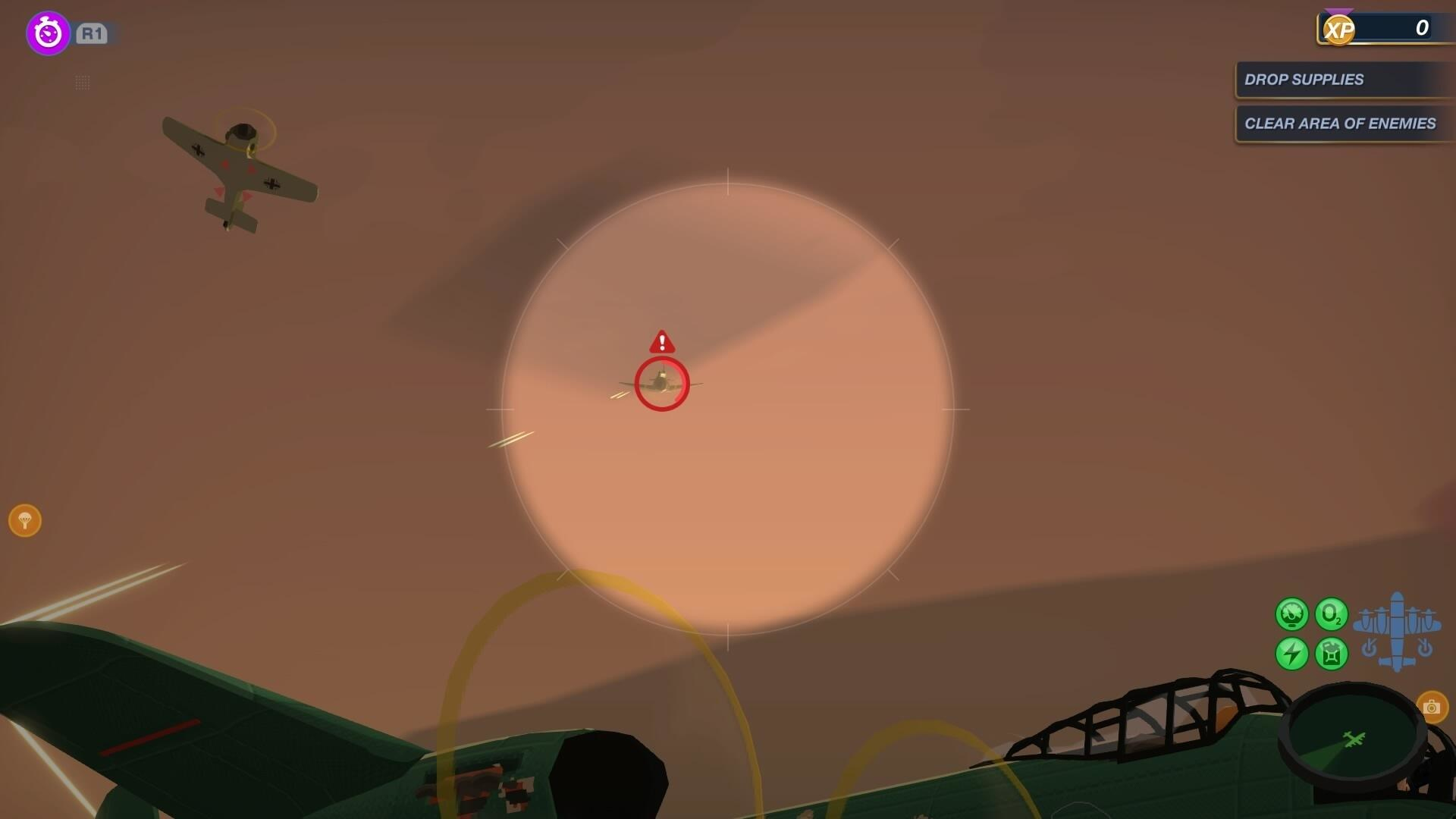 Samolot myśliwski w scenie gry, z celownikiem w środku.