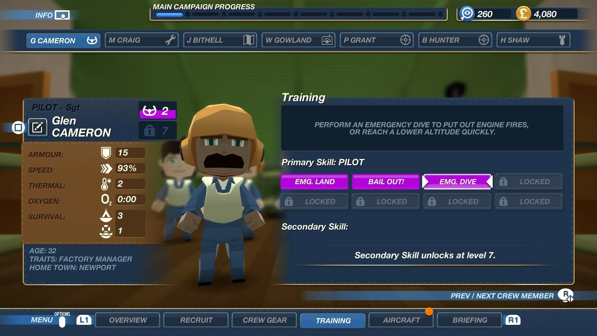 Ekran gry pilota. Pokazuje informacje o pilocie i opcję szkolenia.