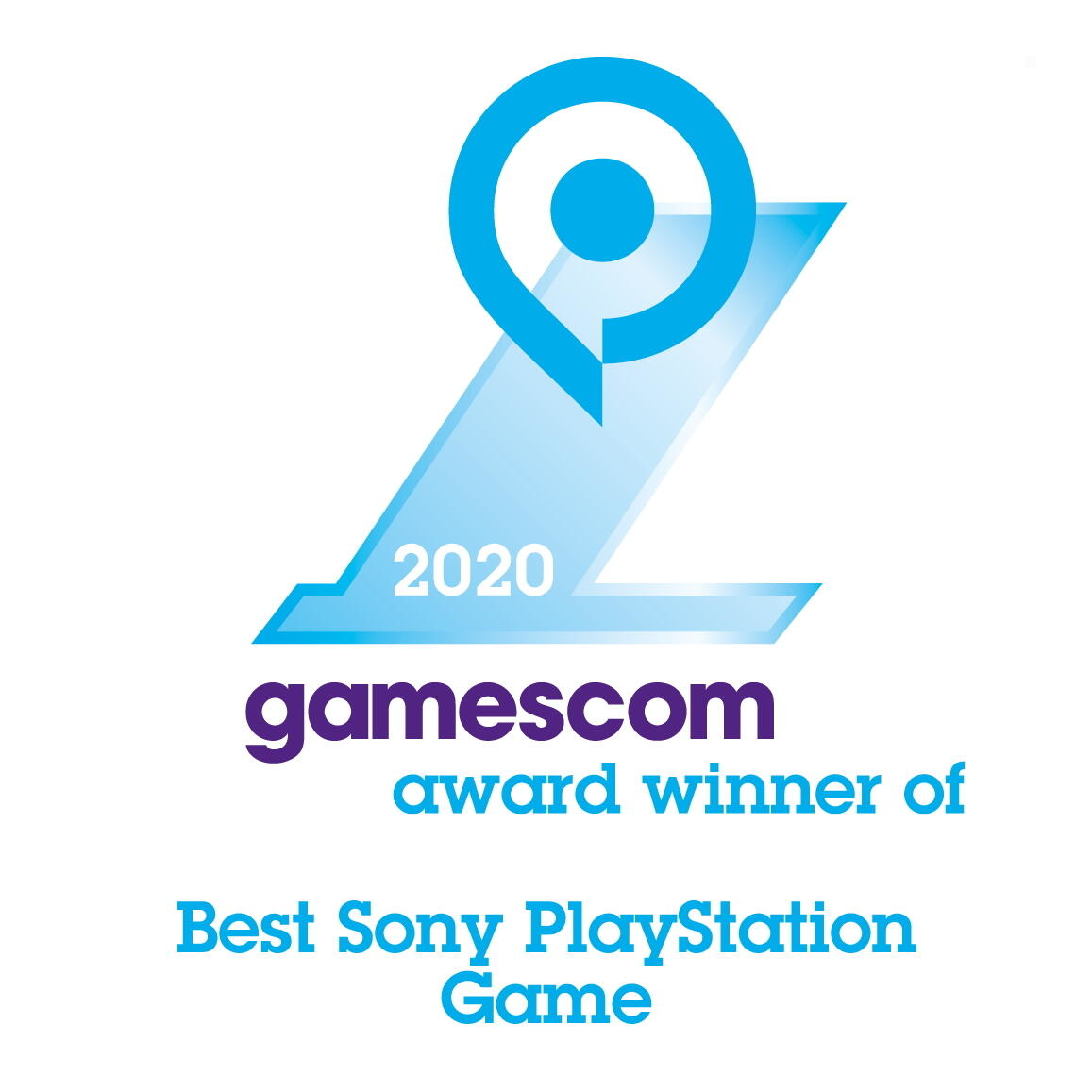 Logo nagrody Gamescom z tekstem, 'Best Sony PlayStation Game 2020'. Logo jest niebieskie na białym tle.