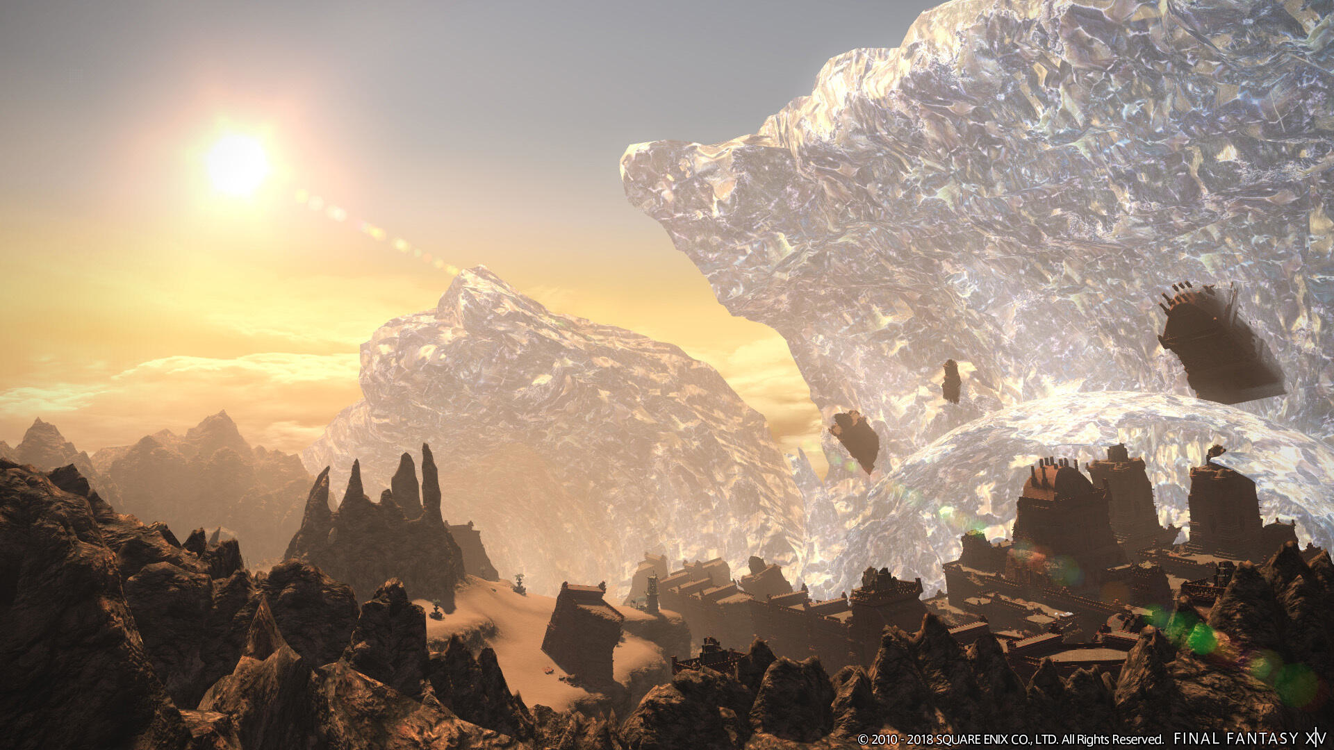 Góry i krajobraz pustynny z jasnym słońcem. Skalisty teren i niebo.