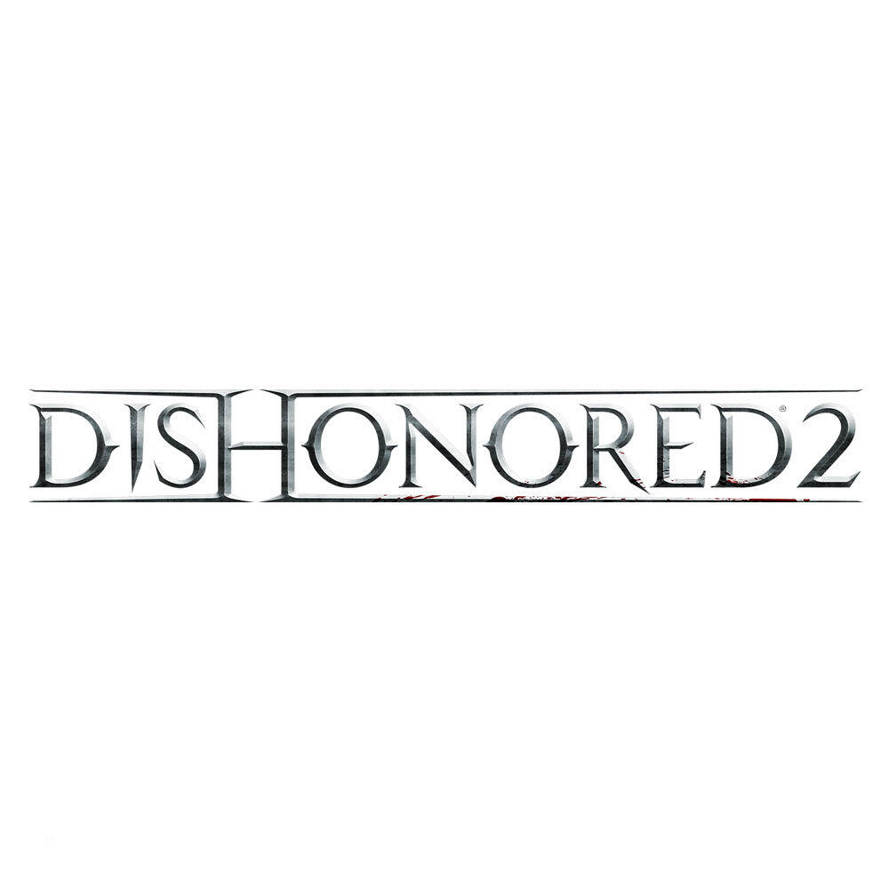 Logo Dishonored 2. Czarny tekst na białym tle.