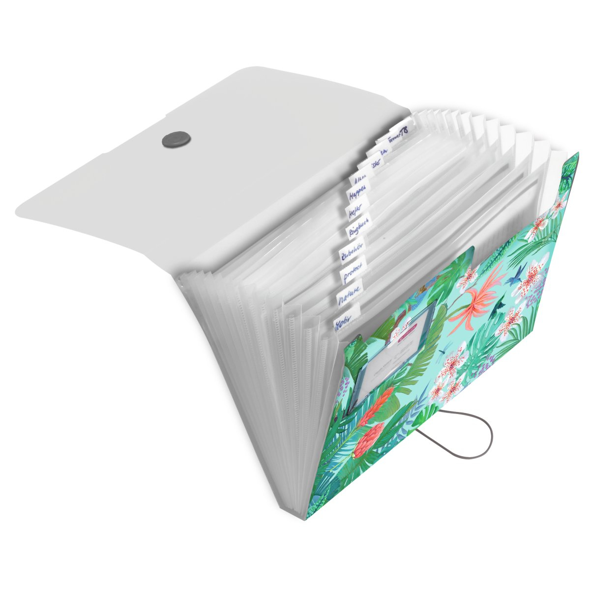 Otwarta, rozszerzalna teczka z wieloma kieszeniami z etykietami.