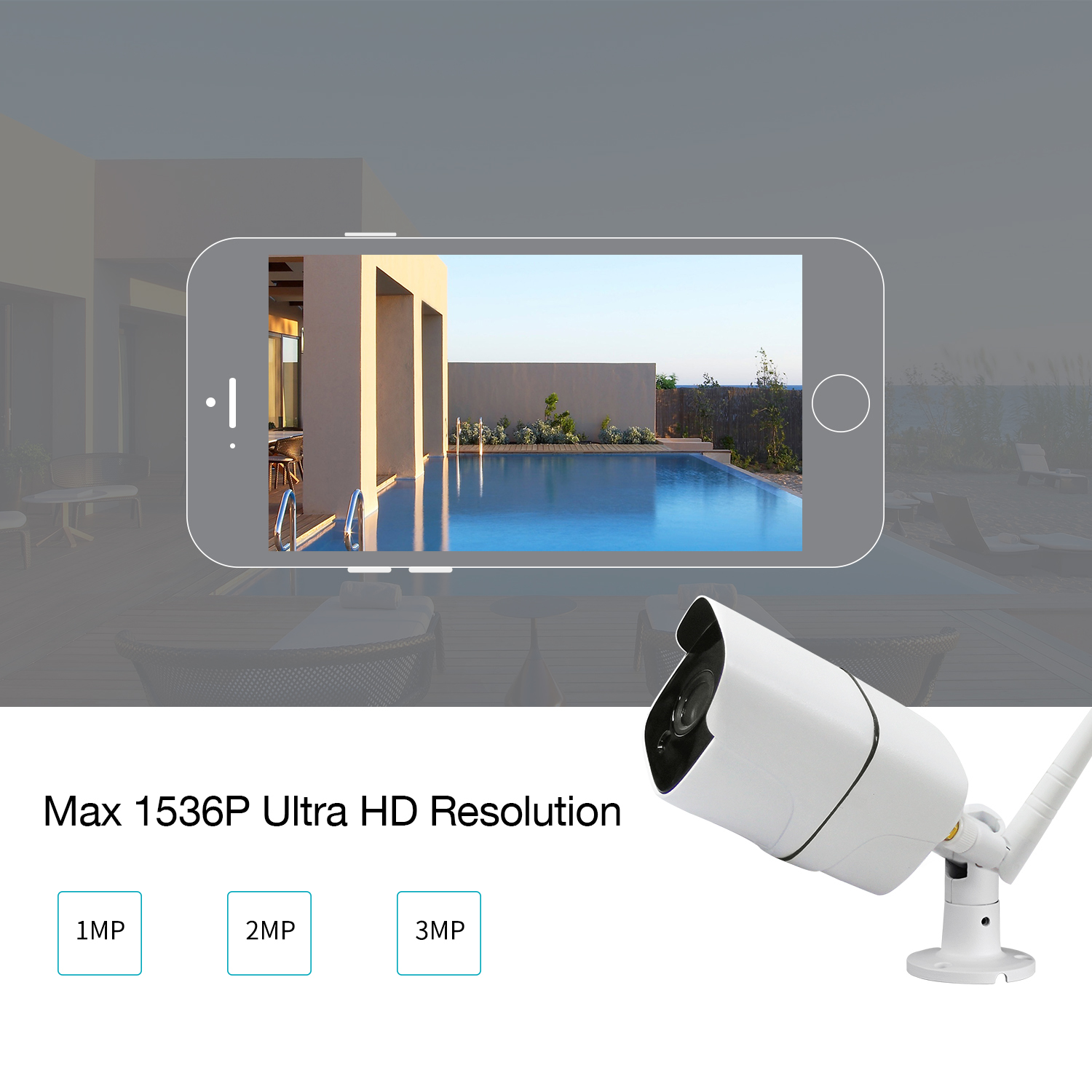 Een witte outdoor IP-camera met een beeld van een zwembad van een smartphonescherm.