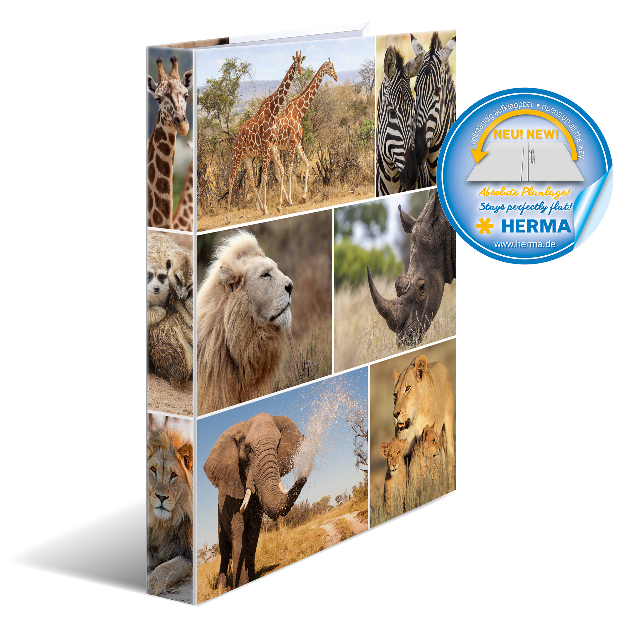 Segregator przedstawiający różne afrykańskie sceny dzikiej przyrody: żyrafy, zebry, lwy i słoń.