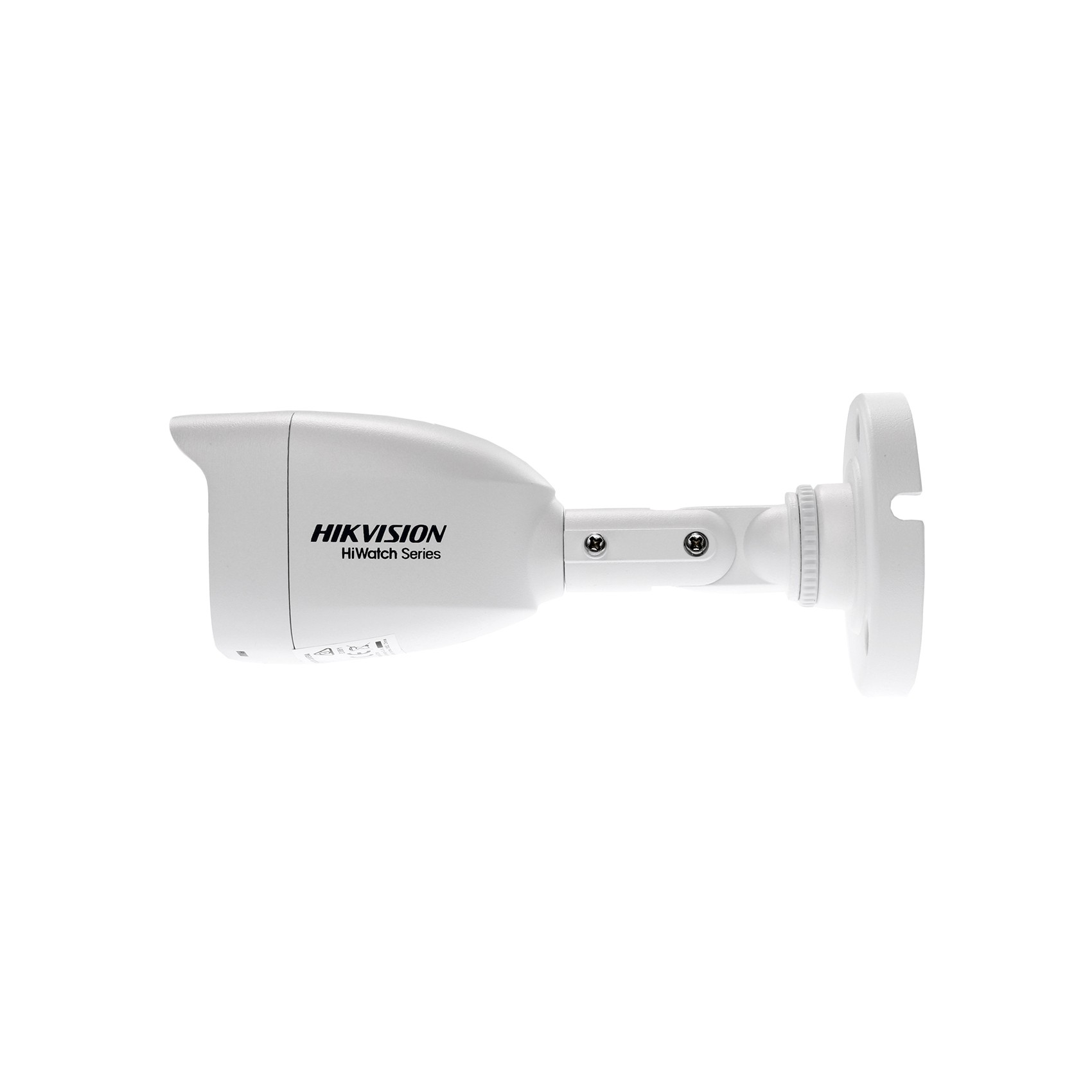 White Hikvision HiWatch security camera with mounting bracket, isolated on a white background.