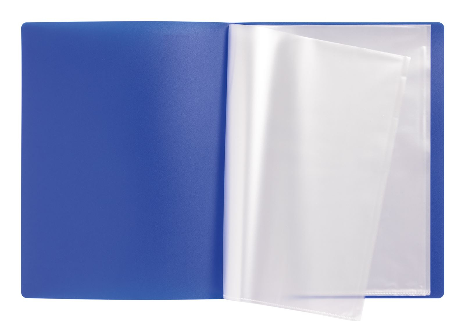 Niebieska teczka otwarta, z przezroczystymi plastikowymi koszulkami, na białym tle.