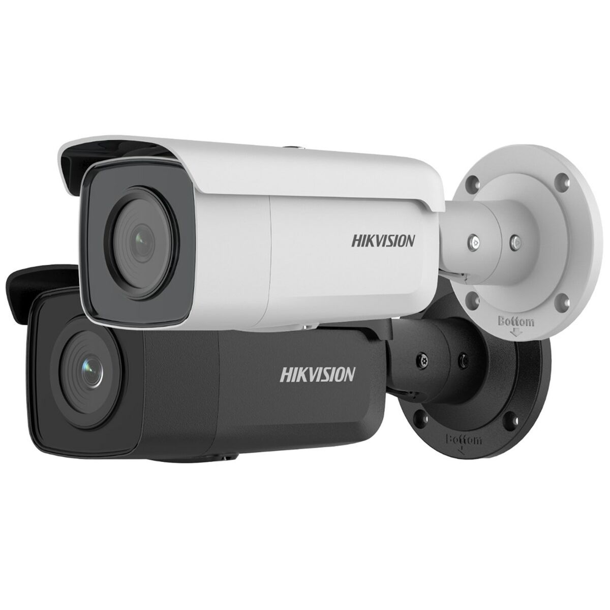 Due telecamere di sicurezza Hikvision bianche e nere montate su una superficie bianca, vista angolata, isolate.