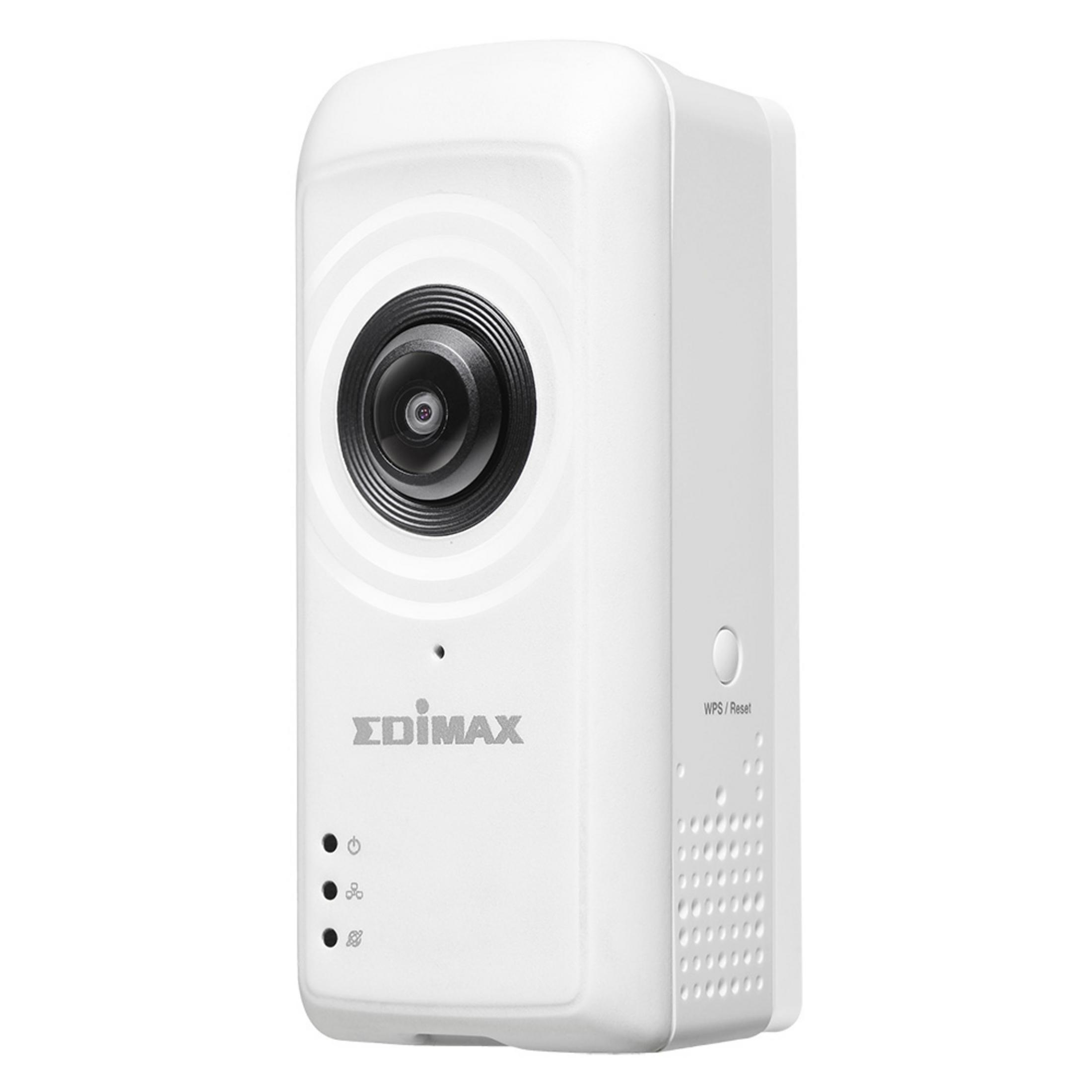 Telecamera Edimax bianca con obiettivo nero, tre spie e pulsante WPS/Reset.