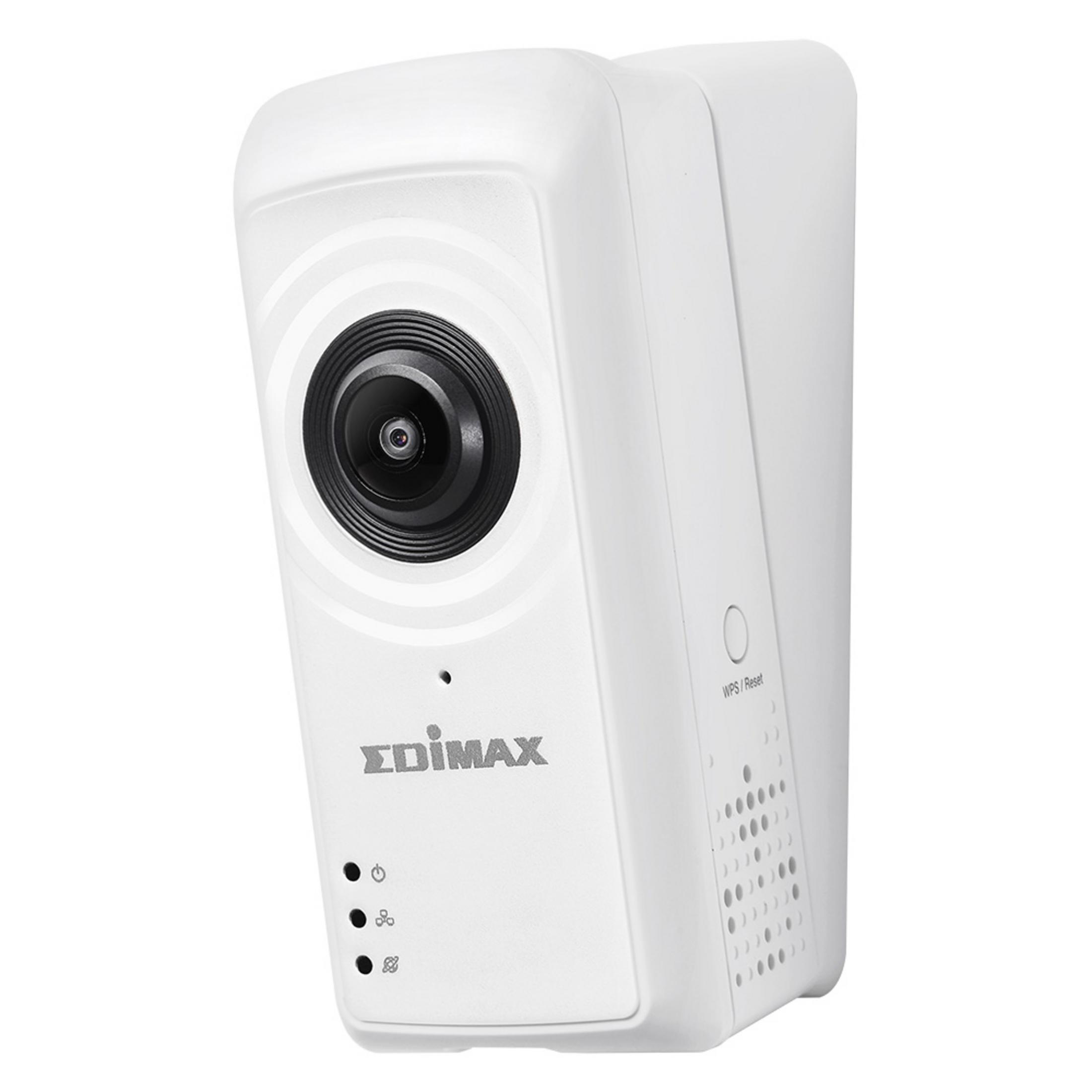 Telecamera Edimax bianca con obiettivo nero, tre spie e pulsante WPS/Reset.