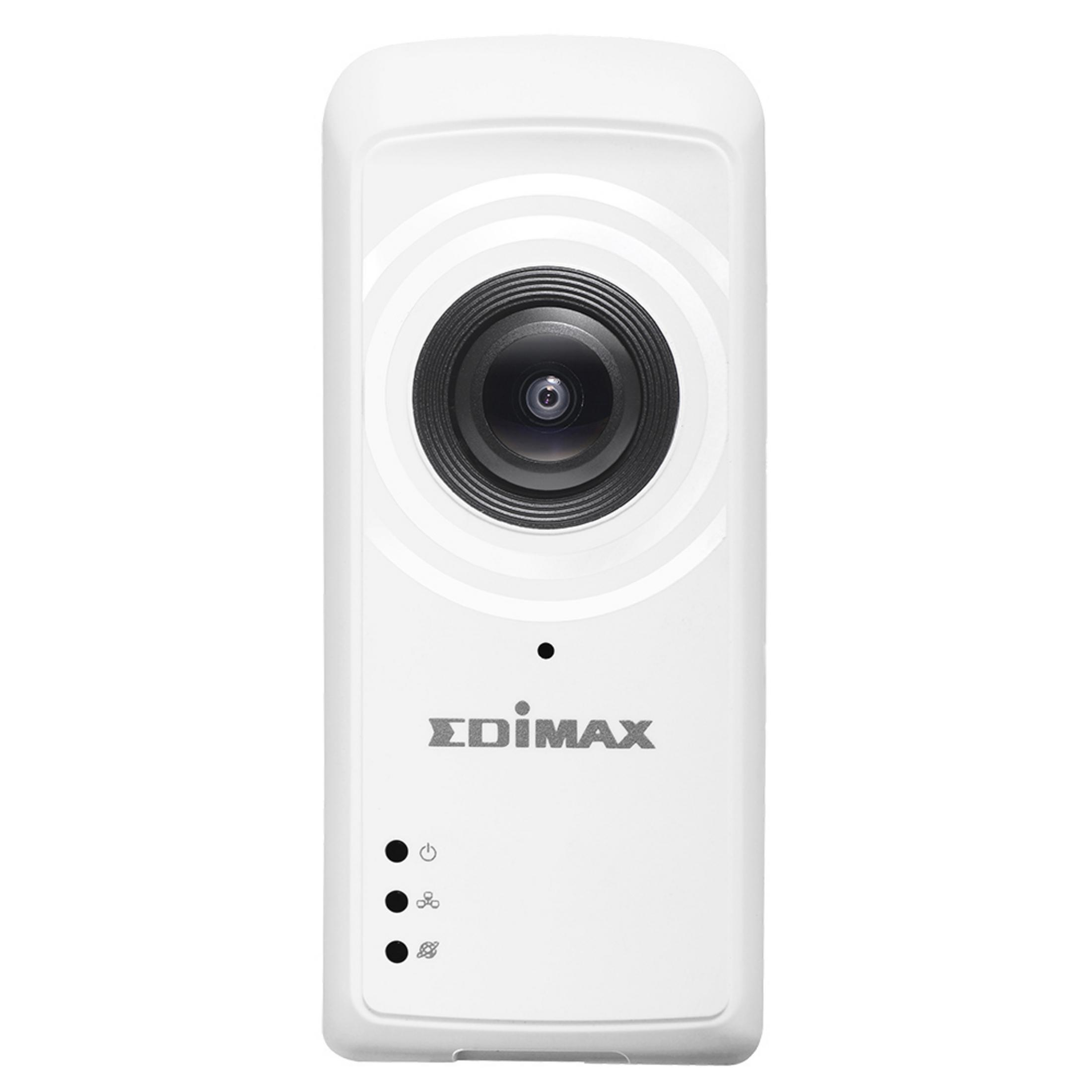 Una telecamera di sicurezza bianca con un obiettivo nero e la parola 'EDIMAX'. Ha spie di stato.