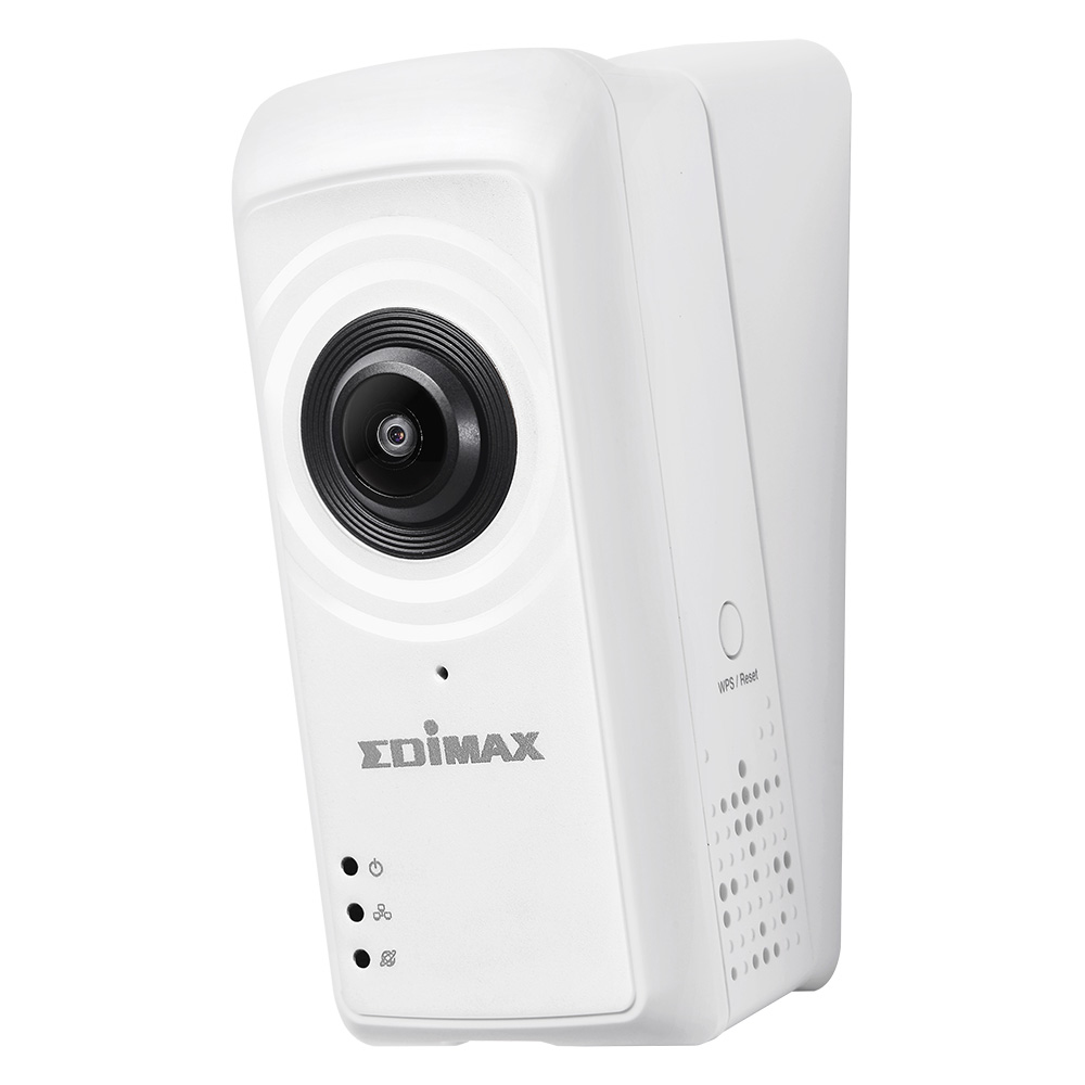 Telecamera Edimax bianca con obiettivo nero, tre luci e pulsante WPS/Reset.