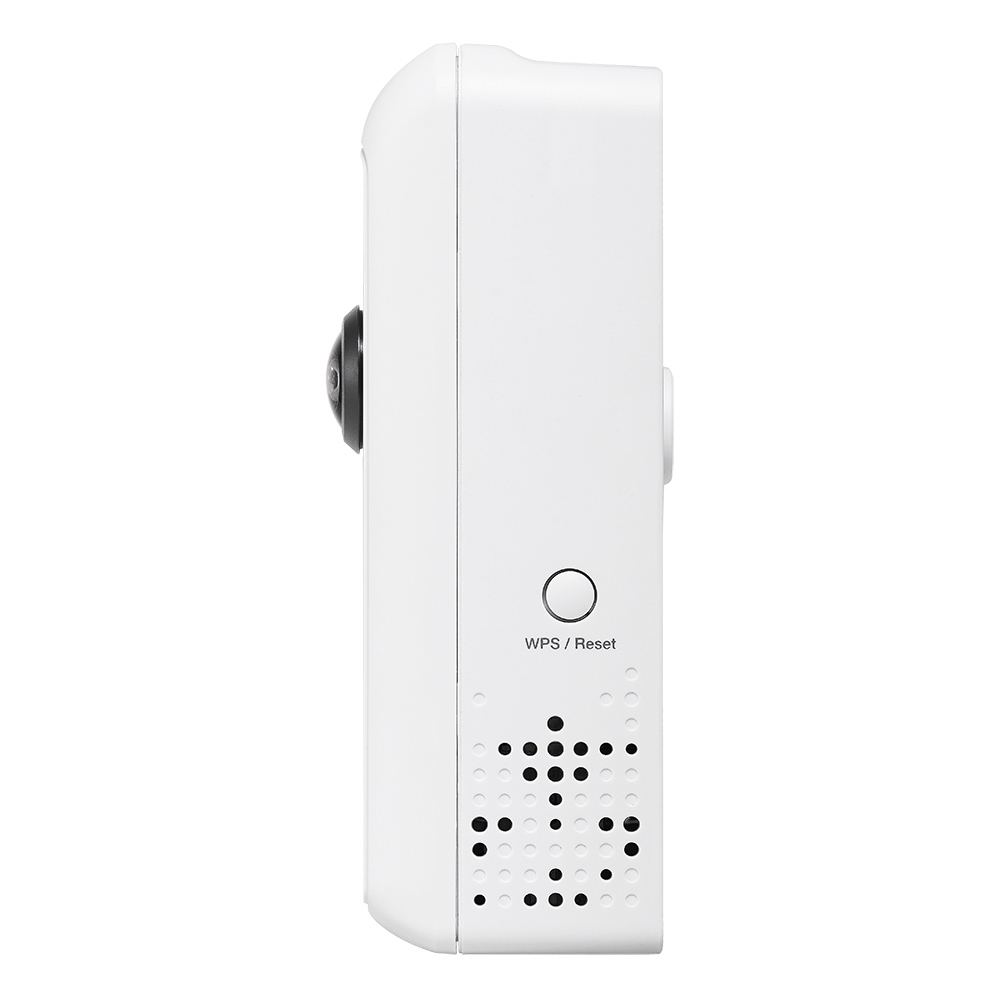 Una telecamera di sicurezza bianca, vista laterale, che mostra un obiettivo, il pulsante WPS/Reset e fori di ventilazione.