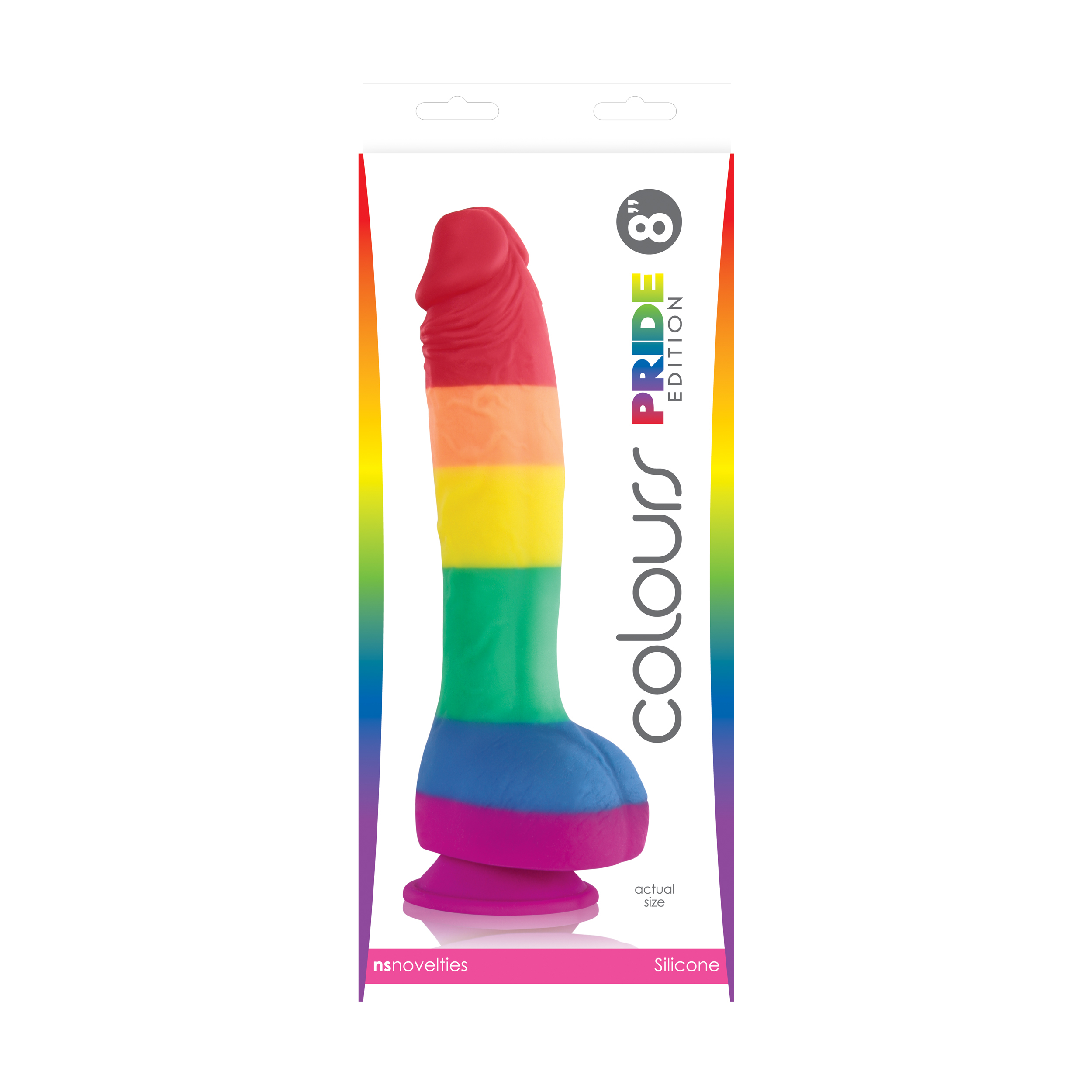 Juguete sexual edición Pride, colores del arcoíris, en un paquete con borde arcoíris.