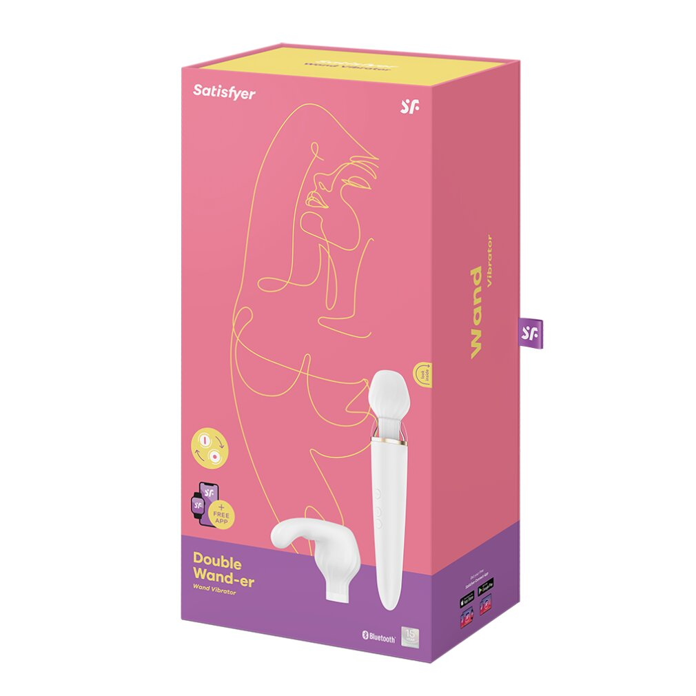 Różowe i fioletowe pudełko z białą zabawką erotyczną i schematami.