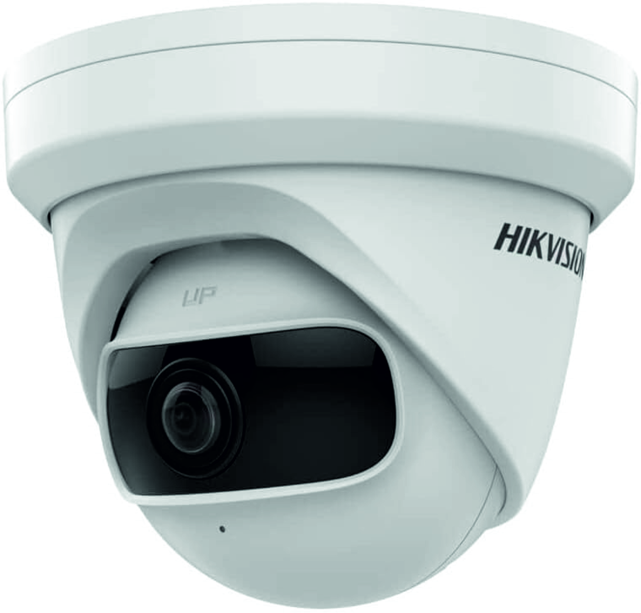 Biała kamera bezpieczeństwa w kształcie kopuły z napisem 'HIKVISION' na białym tle.