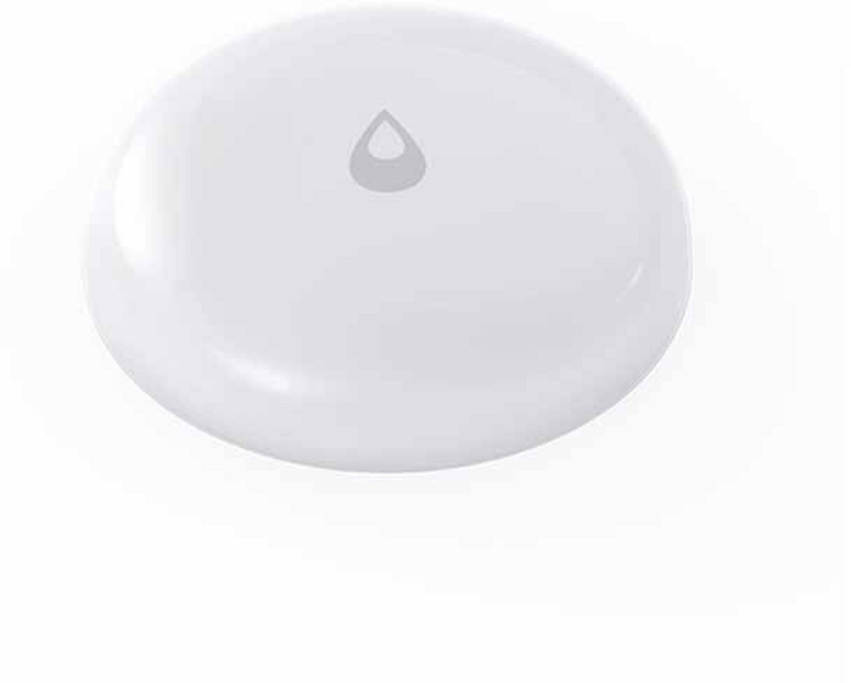 Biały, owalny czujnik wody. Szara ikona kropli na górze. Białe tło.