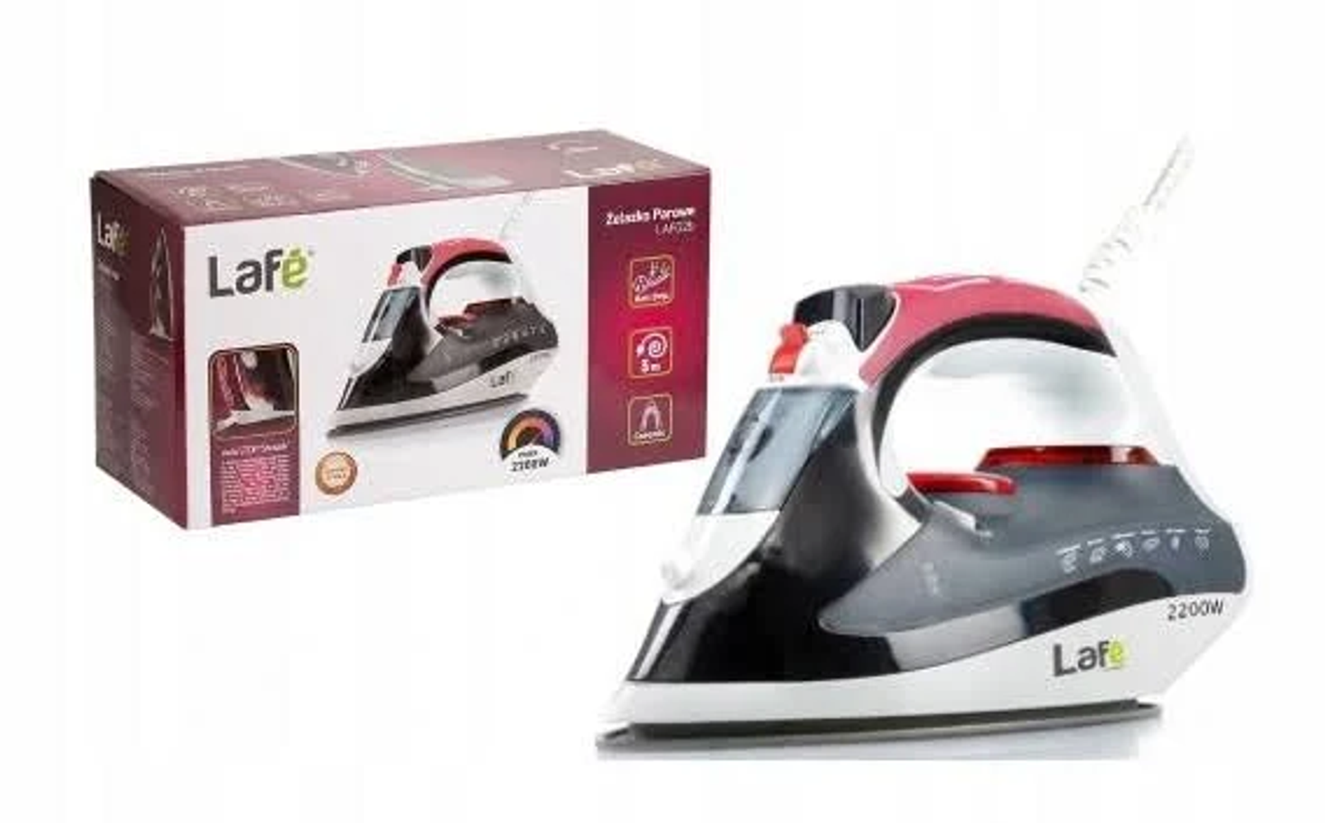 Żelazko Lafe z czerwonym i białym designem, pudełko po lewej stronie, białe tło, 2200W.