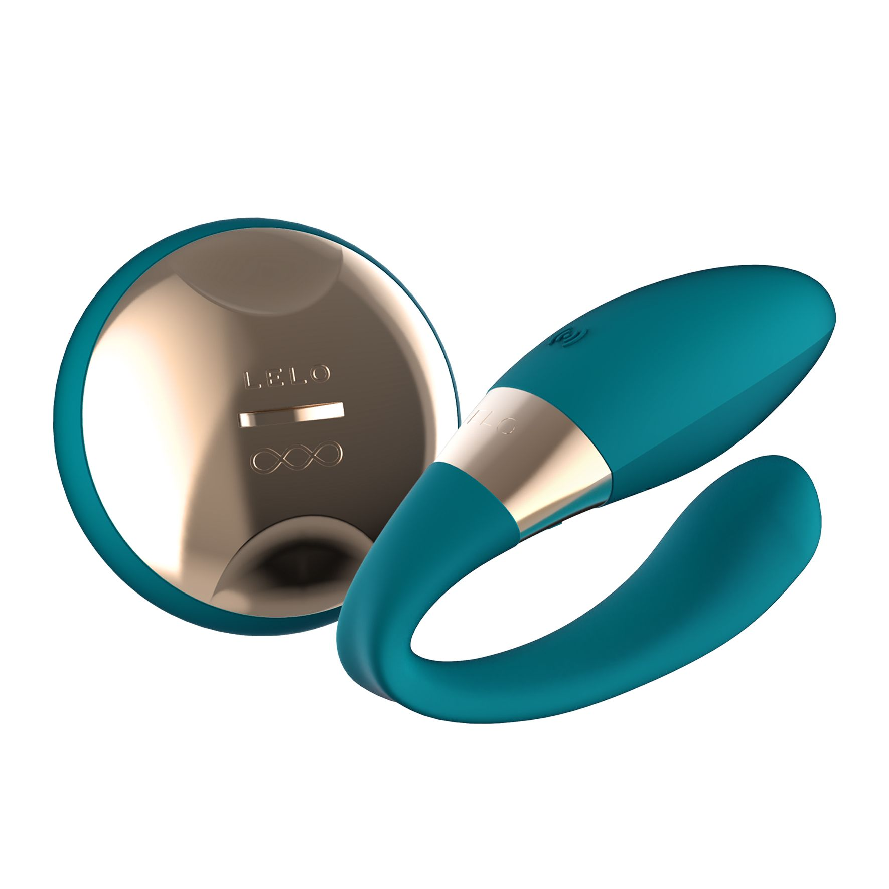 Masajeador para parejas turquesa y dorado, marca Lelo.