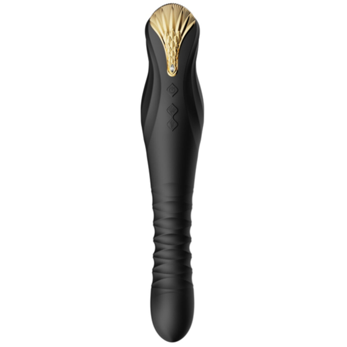 Czarna zabawka erotyczna ze złotym wierzchem, na białym tle.